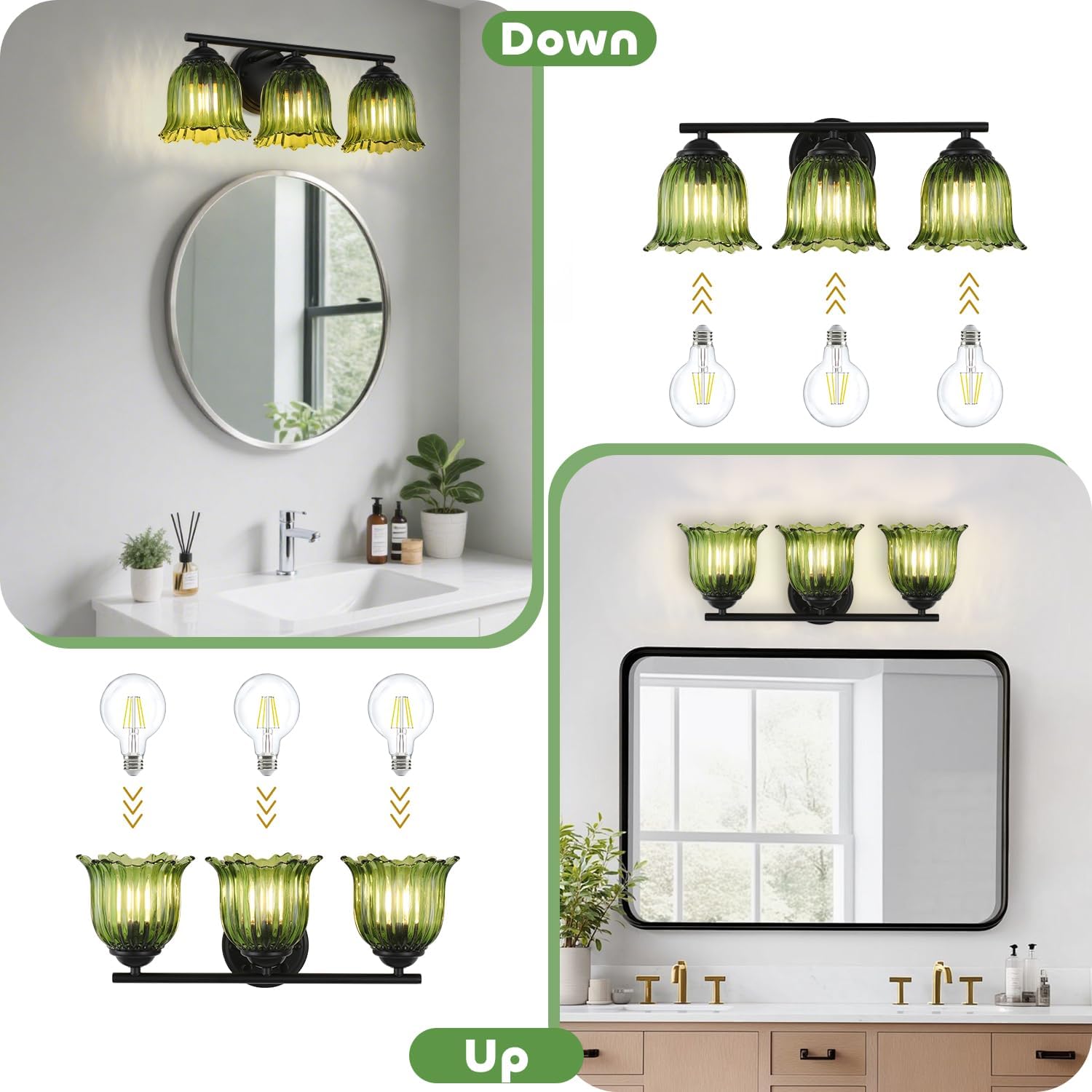Vintage Bathroom Vanity Light Fixtures 3-Light, Farmhouse Vanity Lighting Over Mirror with Tulip Flower Glass Shade No Glare for Master Bathroom, Half Bath, 19 Inches, Matte Black, Moisture Resistant