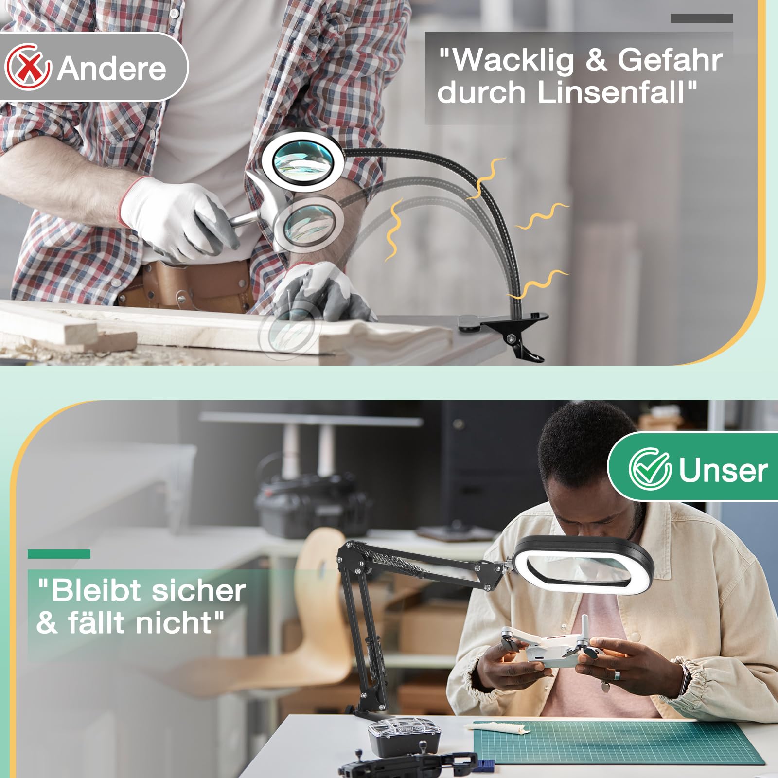 Drdefi 12X Lupe mit Licht und Klemme, Echtes Glas Ständer-Beleuchtung Lupe, 5 Farbmodi und stufenloser Dimmbarkeit LED Schreibtischlampe Freihändige für Handwerk Hobbys Lesen Malen Nähen und Naharbeit
