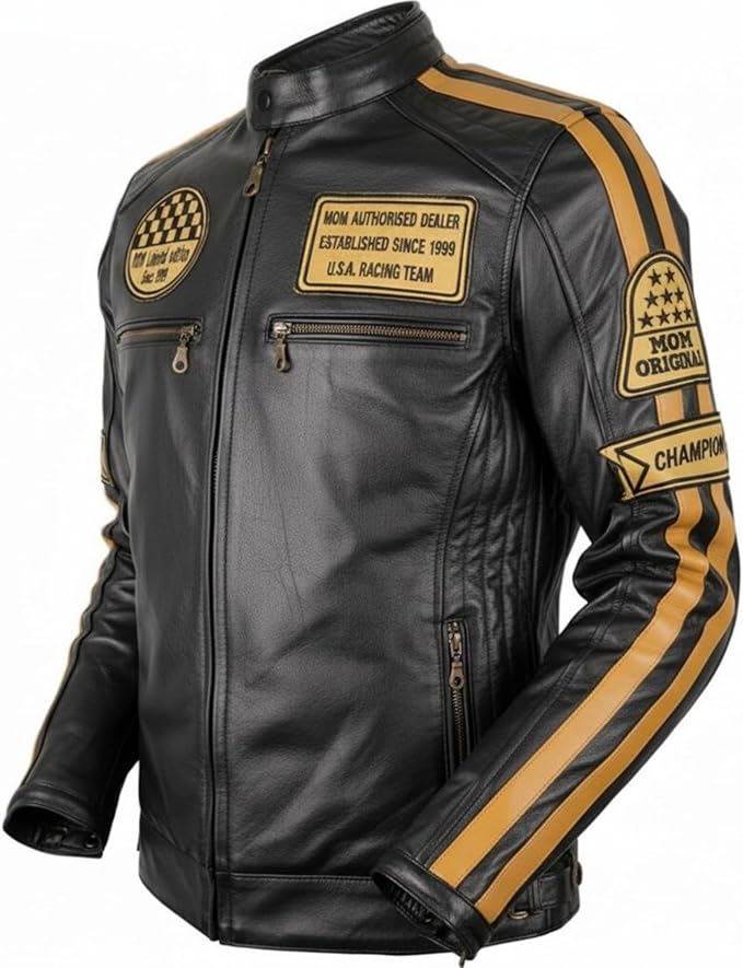 Retro Motorcycle Leather Jacket with Protectors, Black : Amazon