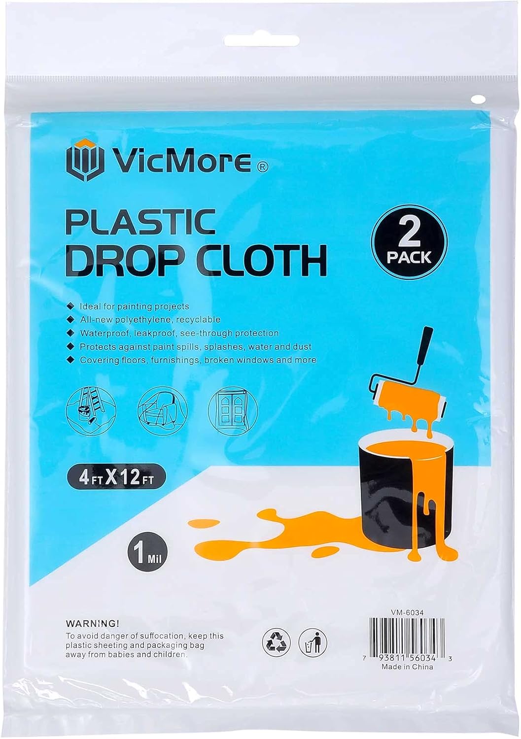 2 Pack VICMORE Plastic Drop Cloth 4-Feet by 12 Feet Paint Floor Cover Dust Sheet Waterproof Clear Tarp Plastic Sheeting - - 