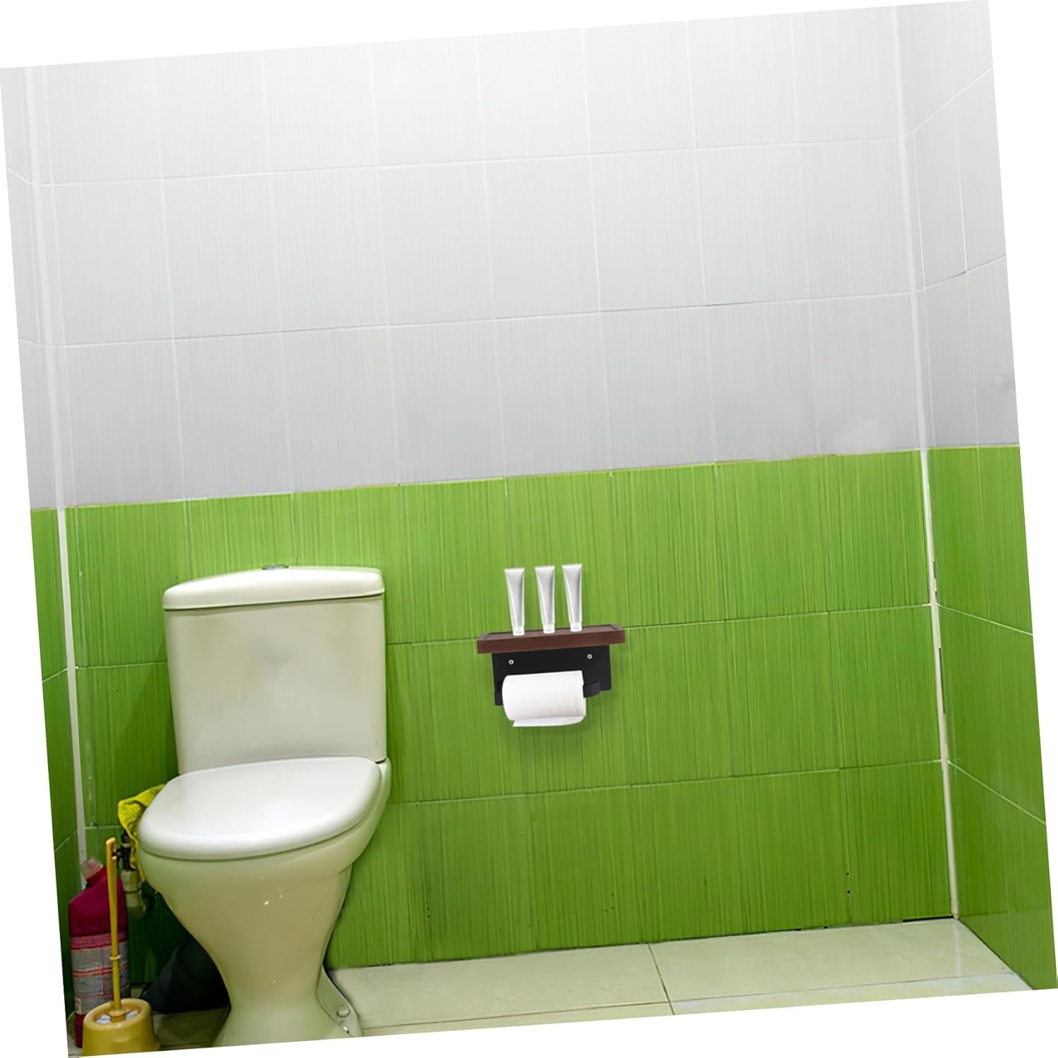 Freestanding Toilet Paper Holder with Wooden Shelf, Bathroom Storage Organizer for RV & Camper