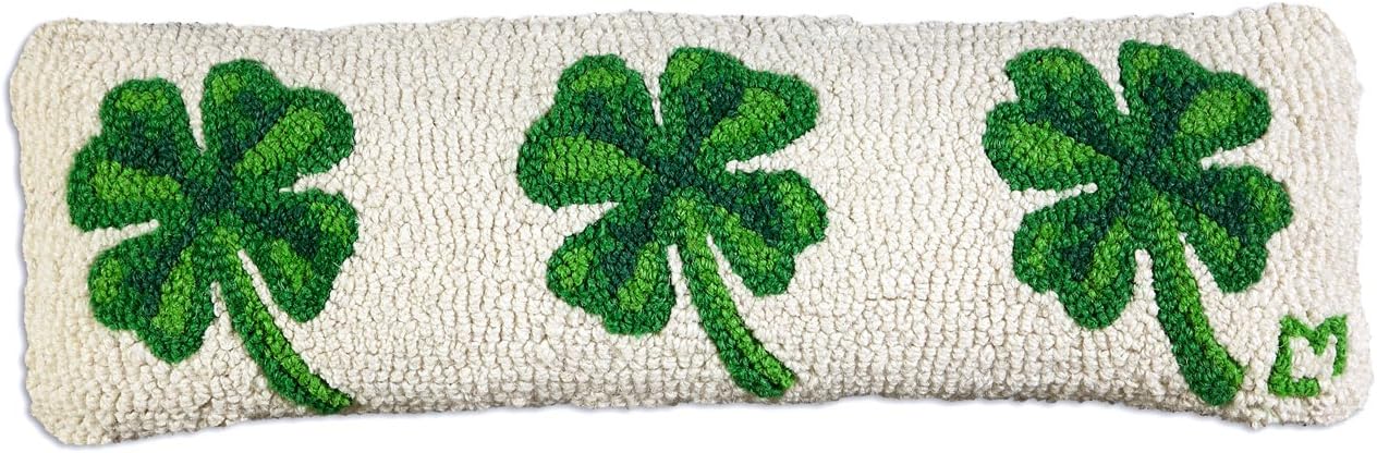 Artist-Designed 4 Leaf Clover Hand-Hooked Wool Decorative Throw Pillow (8 in x 24 in) St Patrick's Pillow for Couches & Beds - Low Maintenance St Patty's Day Shamrock Lumbar Pillow