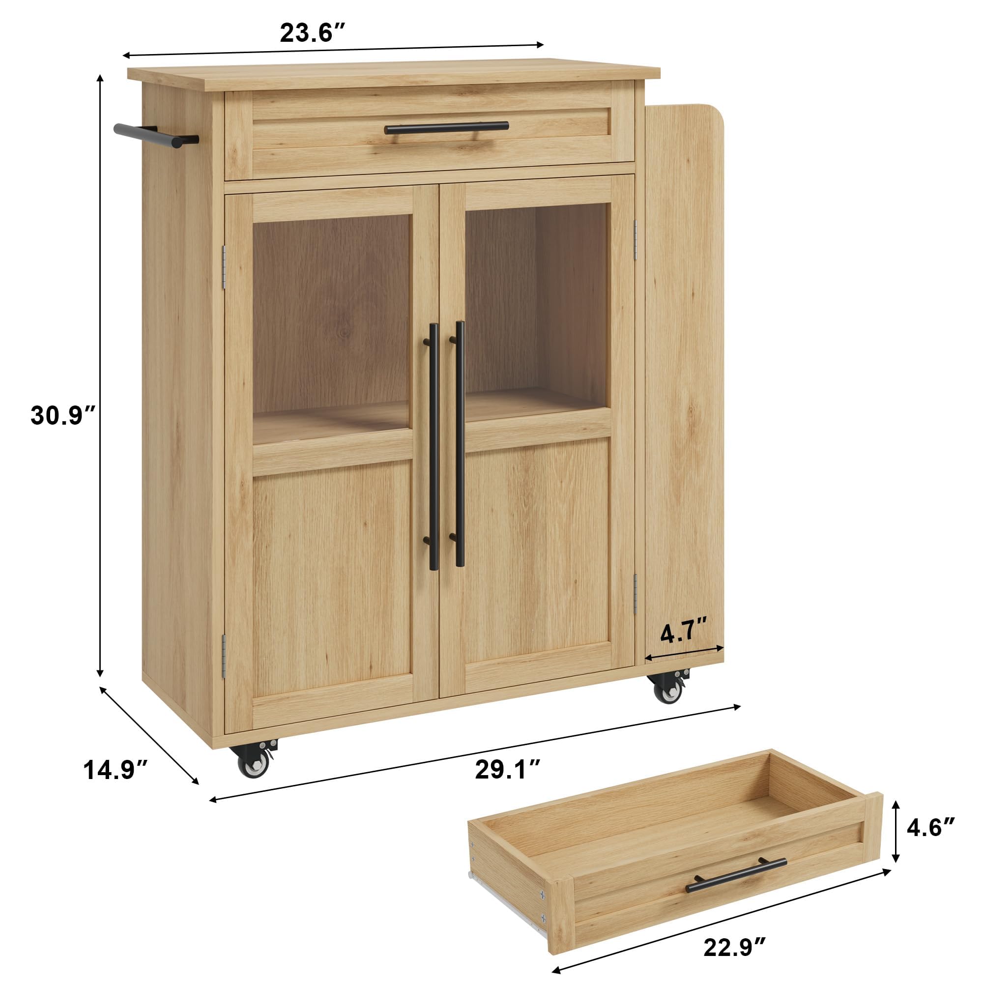Îlot de Cuisine sur roulettes Style Farmhouse, Chariot de Rangement 60 cm - 2 Portes vitrées + 1 tiroir, étagères 3 Niveaux, Range-épices & Porte-Serviettes, Roues verrouillables - Bois