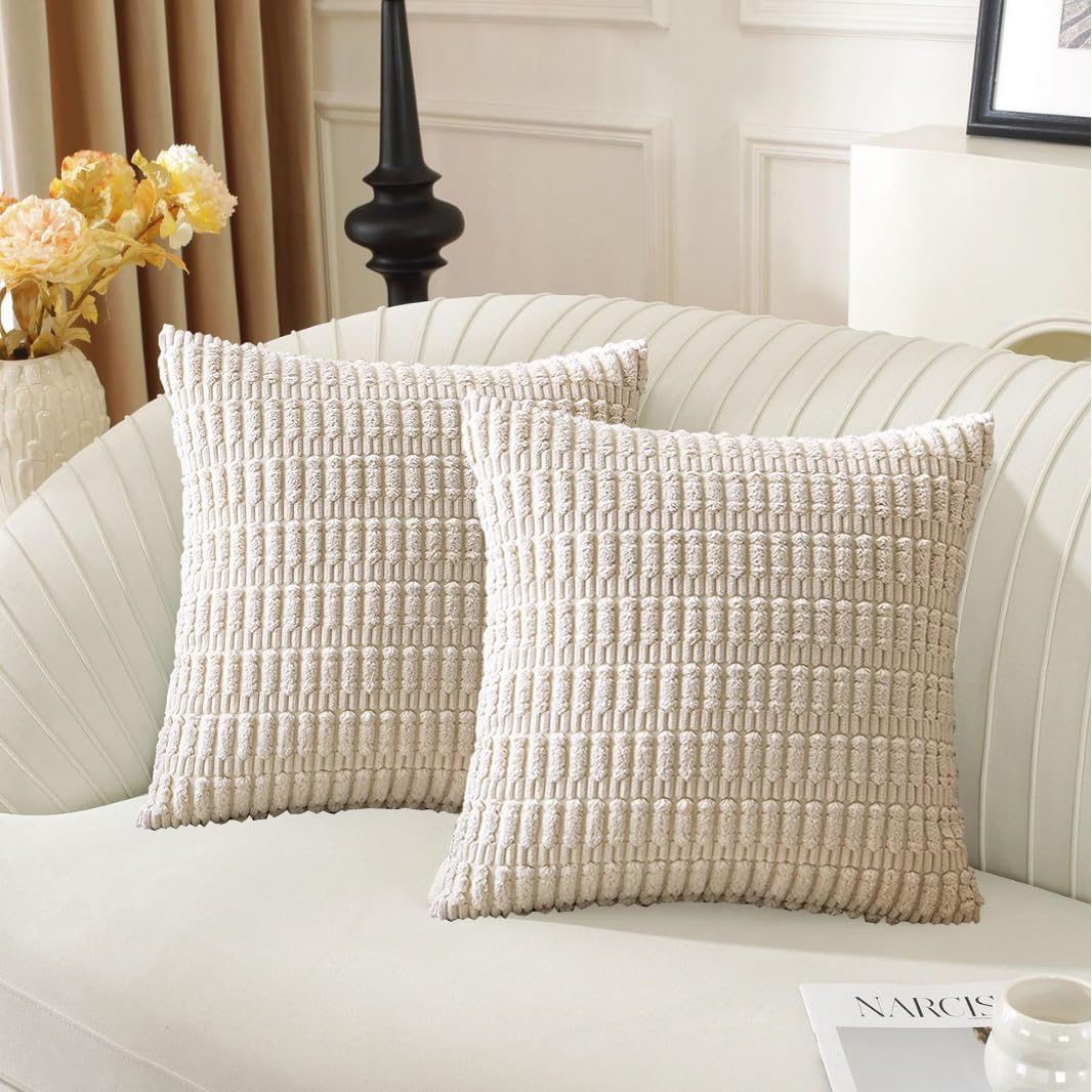 Throw Pillow Covers 18 x 18 Inch Set of 2, Decorative Soft Corduroy Cushion Covers Striped Couch Sofa Pillow Case Cover (Beige, 45 * 45 cm)
