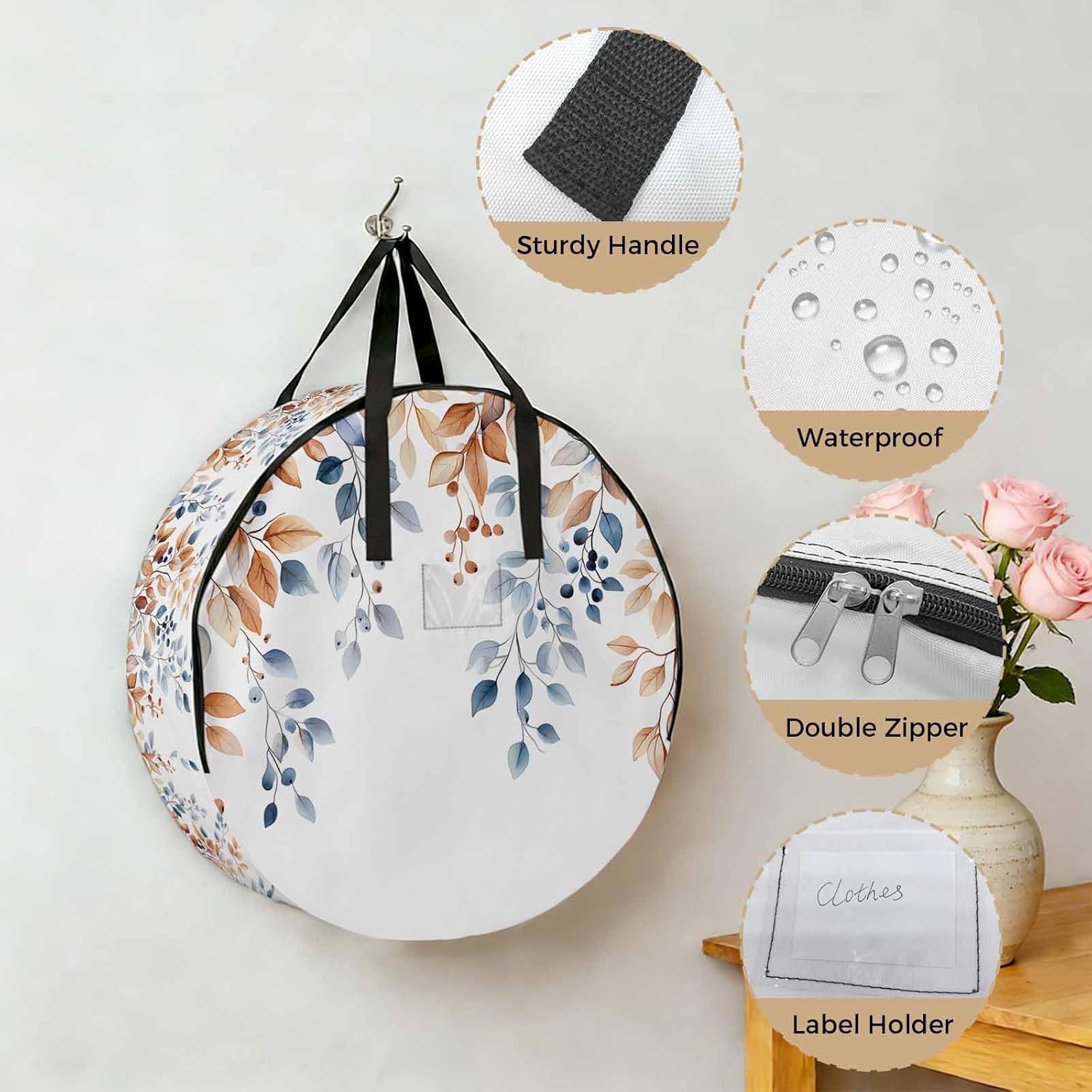 Fall Leaf Round Storage Bag 36 Inch, Watercolor Berry Eucalyptus Leaves Plant Clothes Storage Container with Handles Heavy Duty Organizer for Comforter, Bedding & Holiday Wreaths