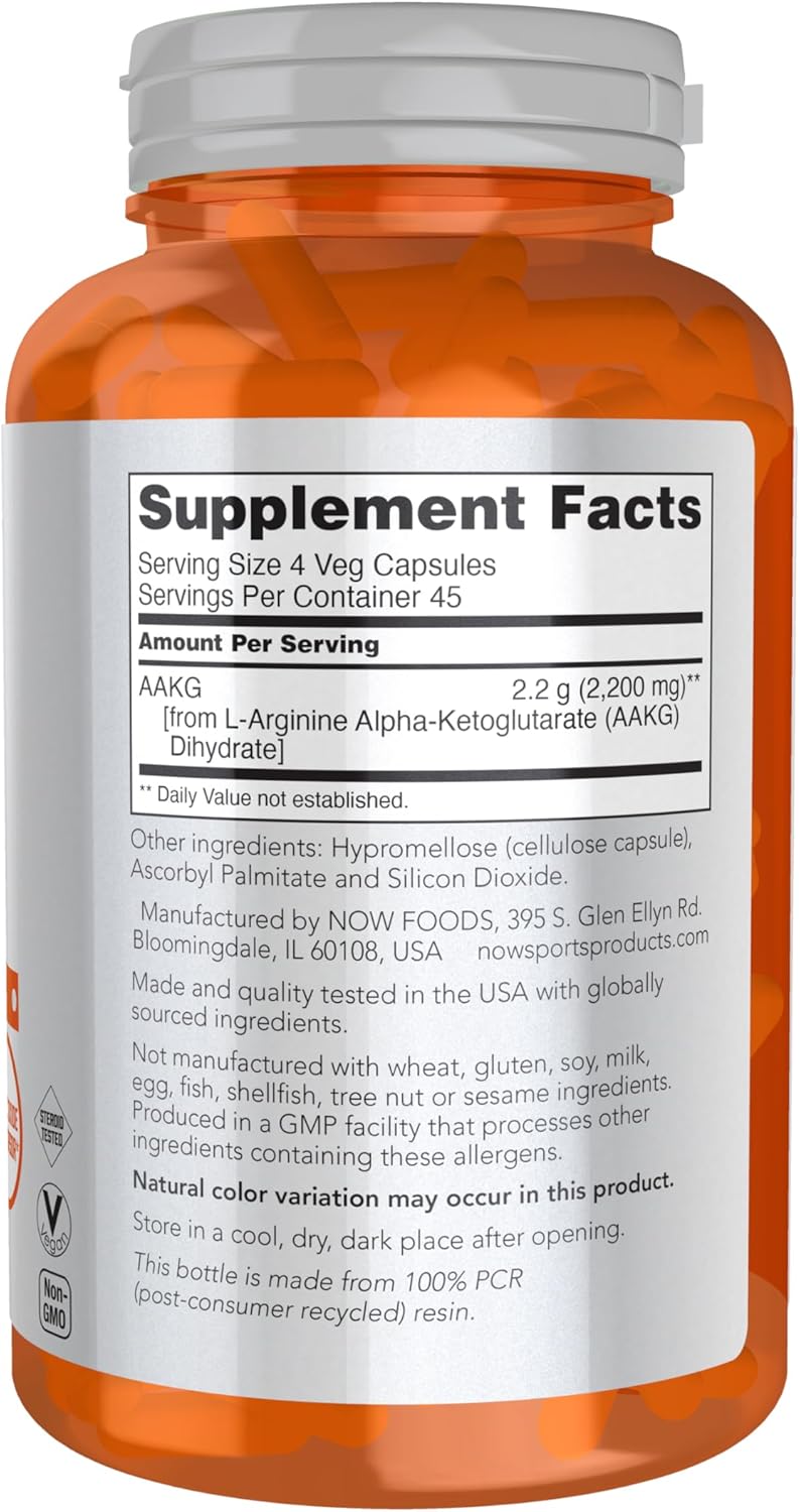 Now Sports AAKG 2200, Arginine, Energy Productuion, 180 Veg Capsules