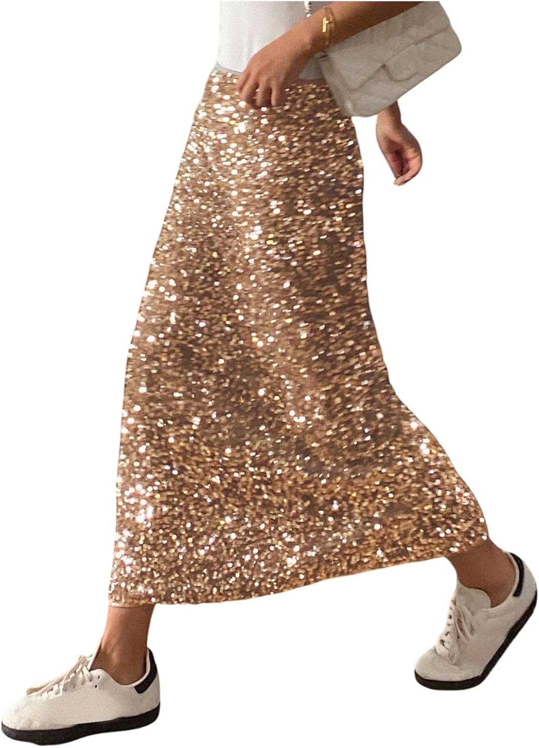MakeMeChic Women's Y2K Sequin Midi Skirt Party Club Glitter Split Hem Long Skirts