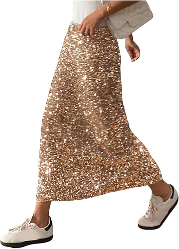 MakeMeChic Women's Sequin Party Long Skirts Gold