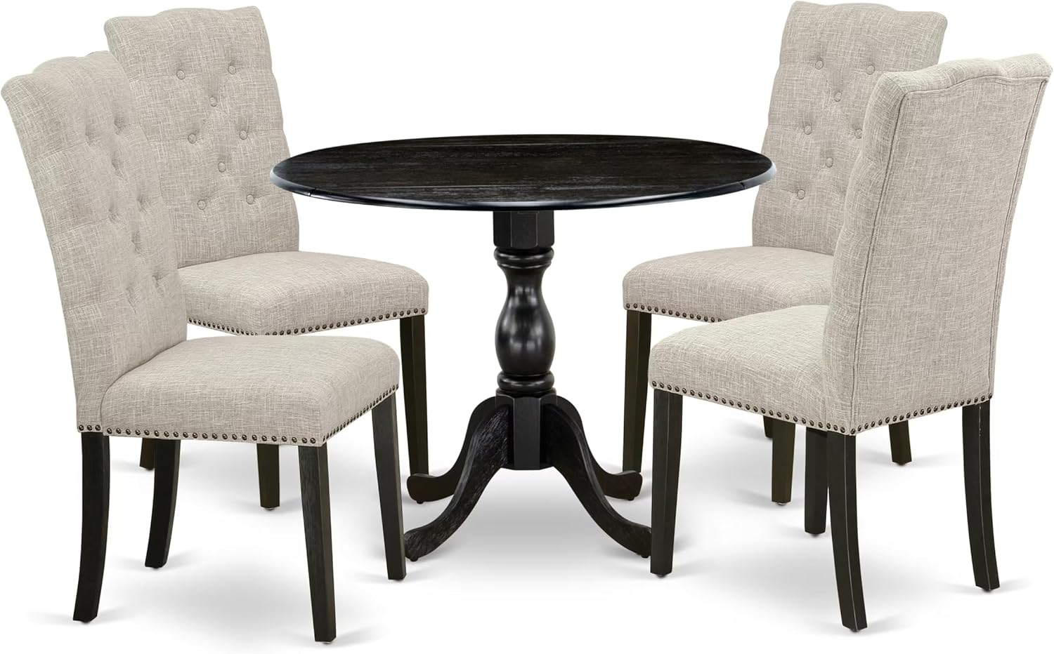East West Furniture DMEL5-ABK-35 5 Piece Modern Dining Table Set Includes a Round Wooden Table with Dropleaf and 4 Doeskin Linen Fabric Upholstered Chairs, 42x42 Inch, Wirebrushed Black