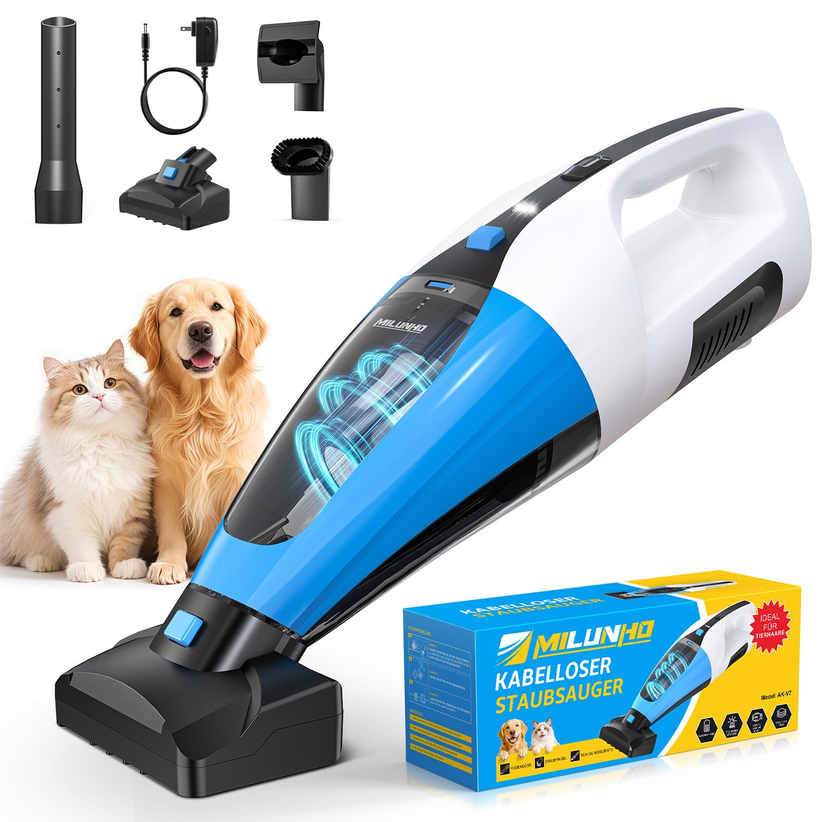 Aspiradora de mano inalámbrica recargable 4 en 1, aspiradora de pelo de mascotas con cepillo de goma giratorio, filtro HEPA, 25-30 minutos de trabajo