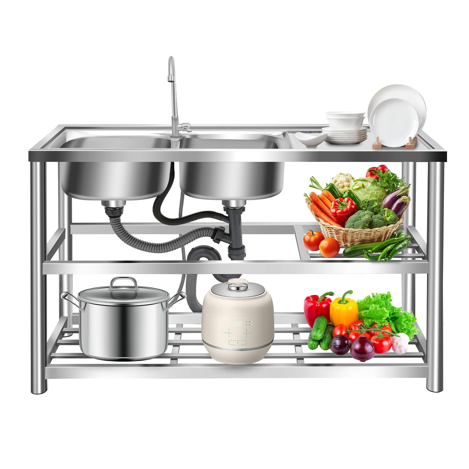 Lavabo da lavoro in acciaio inox, con base e rubinetto, 2 vasche e 3 livelli, mobile multifunzione per cucina, esterno, garage (120 x 45 x 80 cm)