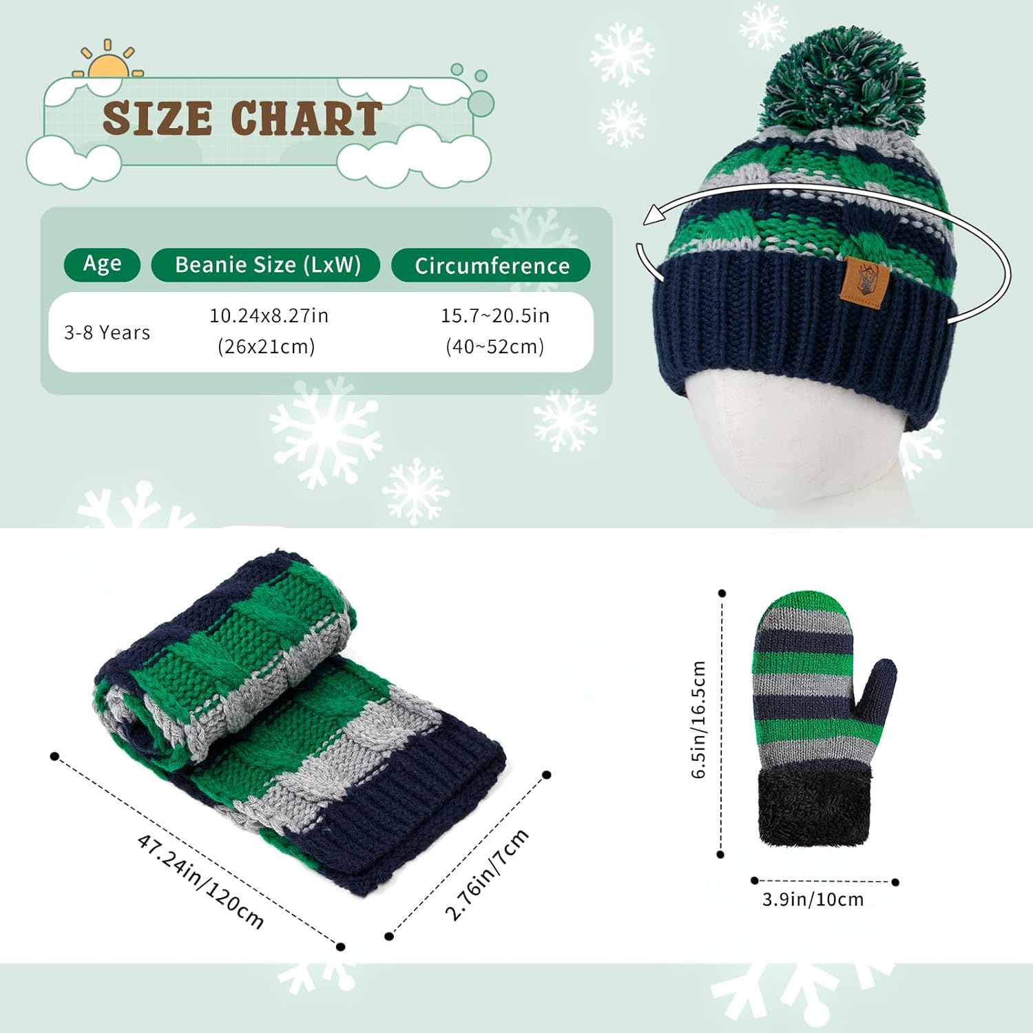 Kids Winter Pompom Beanie Hat Scarf Gloves Set for Boys&Girls Age 3-8, Fleece Lined Skull Cap Neck Warmer Mitten Set - Image 2
