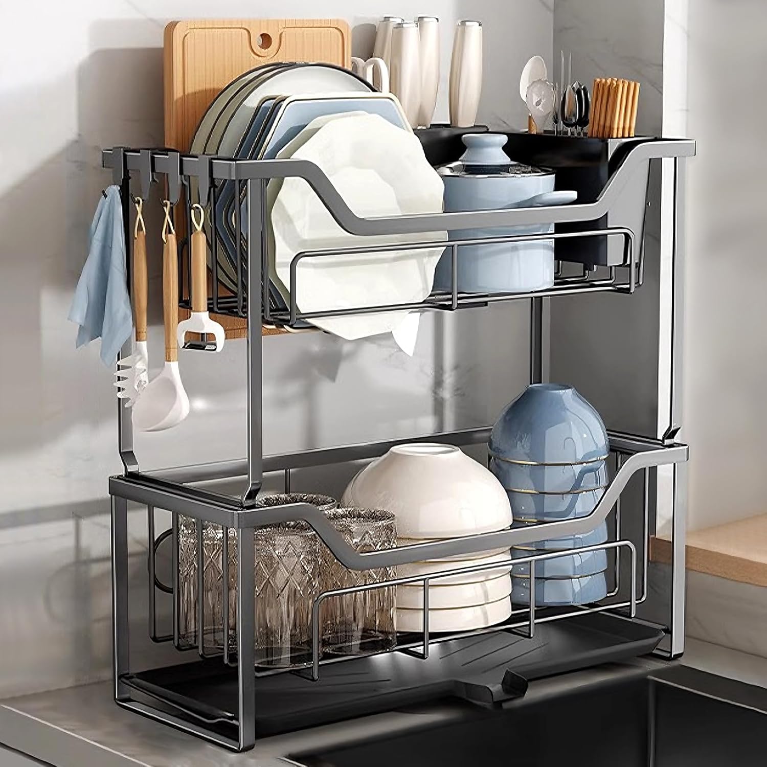 2 Tier Dish Drying Rack Over The Sink Carbon Steel Dishes Drying Rack Counter with Drain Tray and