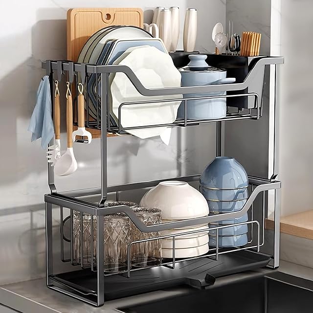 2 Tier Dish Drying Rack Over The Sink Carbon Steel Dishes Drying Rack Counter with Drain Tray and