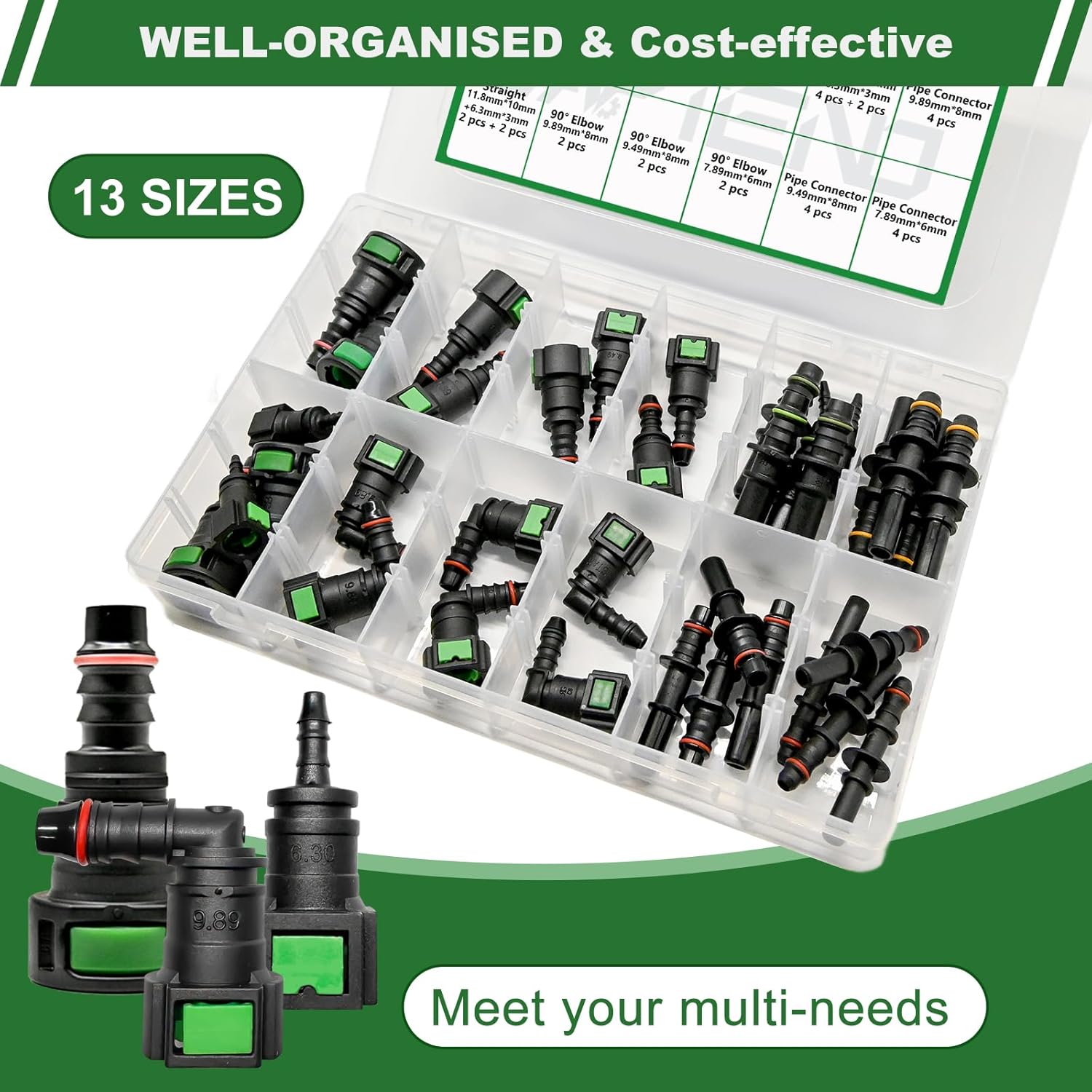 36pcs Fuel Line Quick Connect Assortment Kit, 13 Sizes Fuel Line Repair Kit Straight Elbow Pipe Connector Fittings SAE 6.3mm to 11.8mm