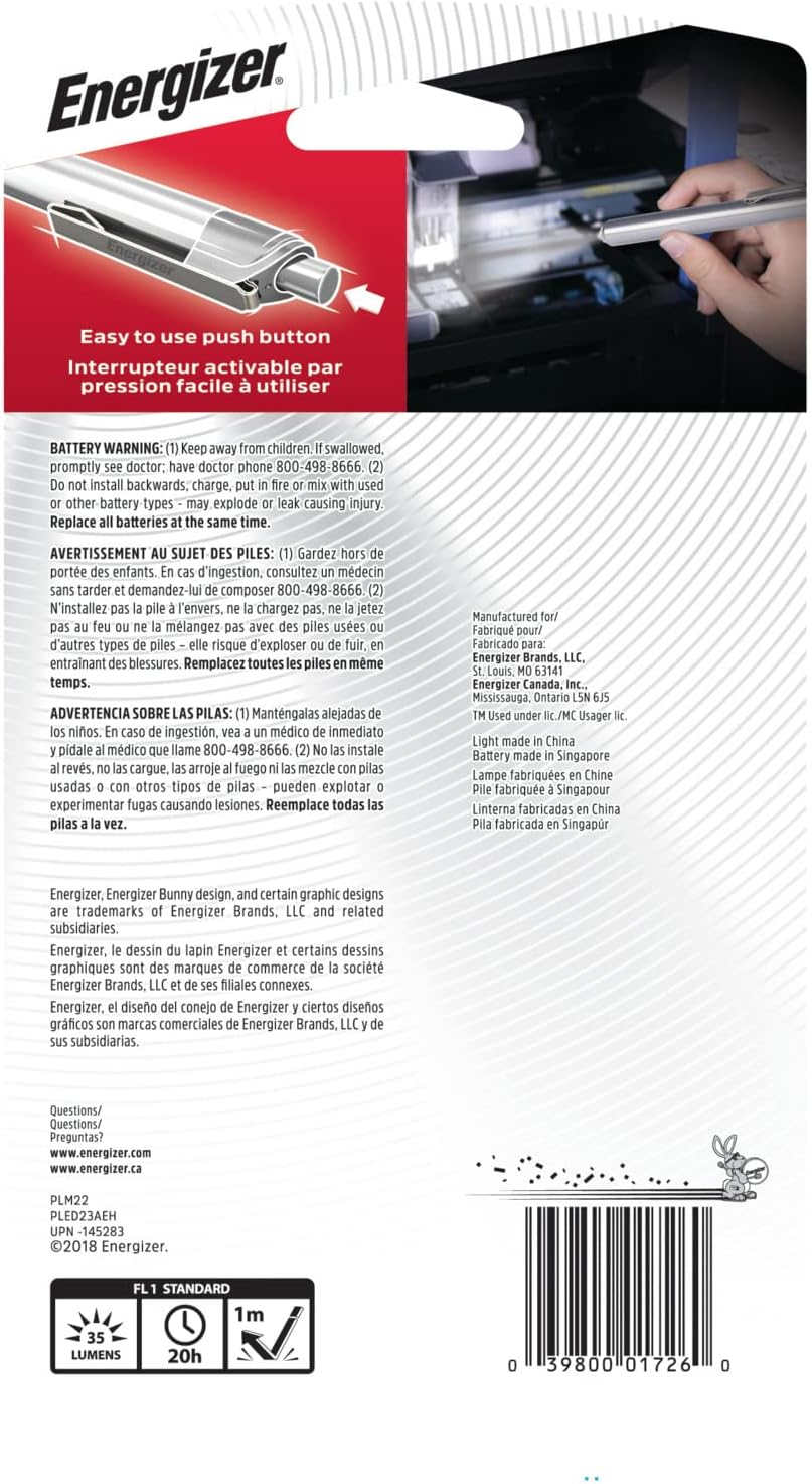 Back of Energizer Pen Light packaging with instructions