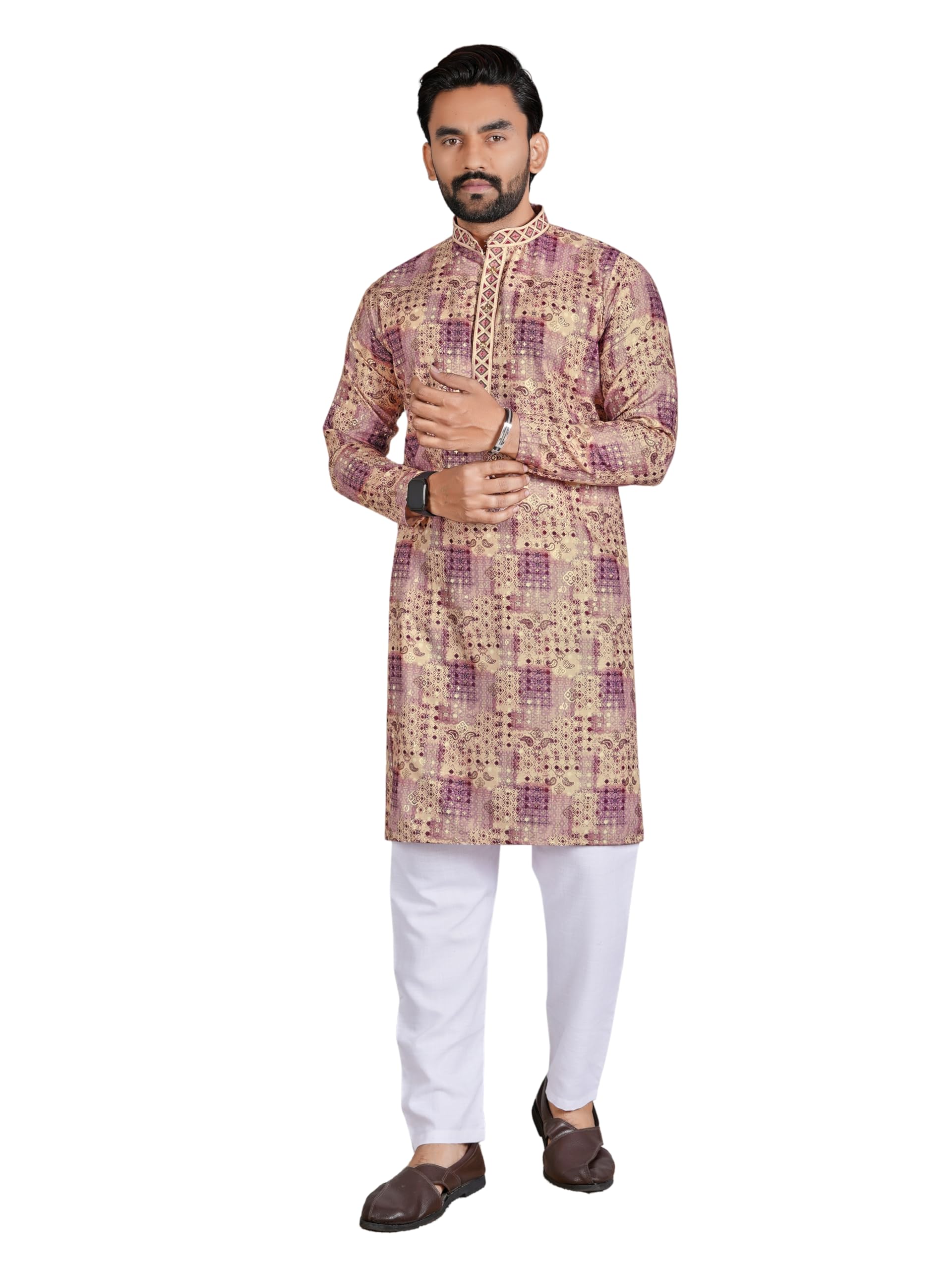 krijet Multicolor Floral Foil Printed Linen Cotton Designer Ethnic Kurta for Men – Wedding Festive-picture-53
