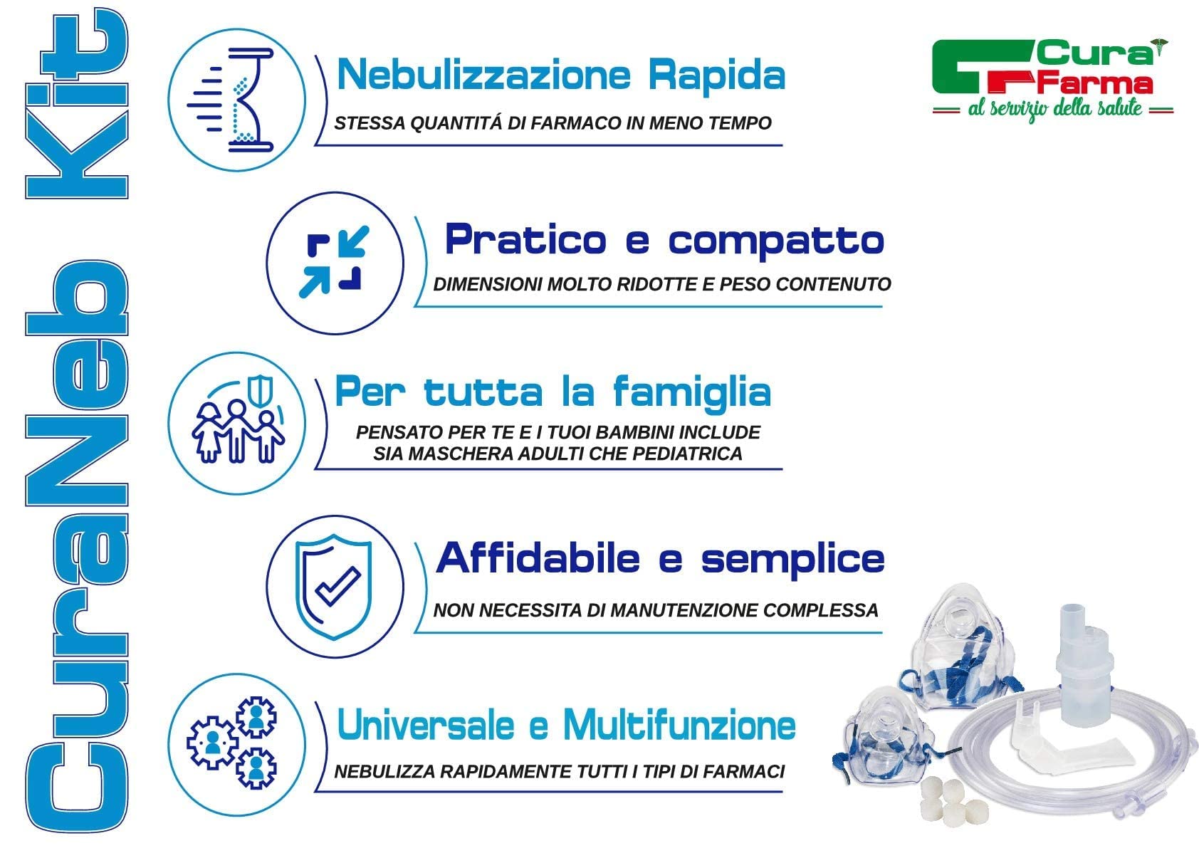 CURA FARMA CuraNeb - Kit Ricambio Universale per Aerosol a Pistone con Ampolla, Mascherina Adulti e Bambini, Tubo, Forcella, Boccheruola Compatibile con Nebula Aerosol Microlife, Dispositivo Medico CE