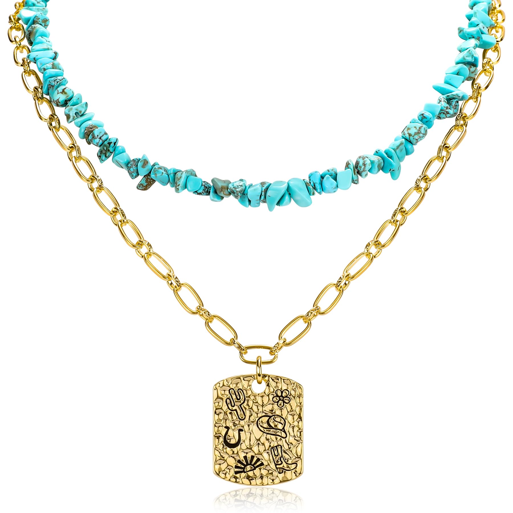 Vintage Layered Western Cowgirl Pendant Necklace for Women Turquoise Chip Stone Beads Choker Necklace Cowboy Hat Boot Horseshoe Pattern Charm Adjustable Gold Chain Boho Jewelry Gift for Women Men