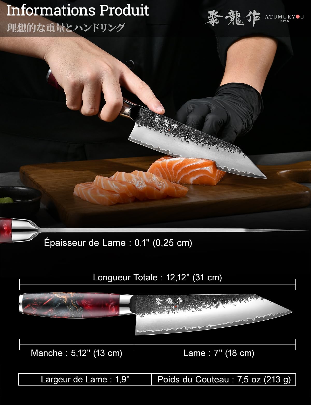 Couteau de Chef Kiritsuke 18 cm, Tranchant Couteau Japonais en VG10