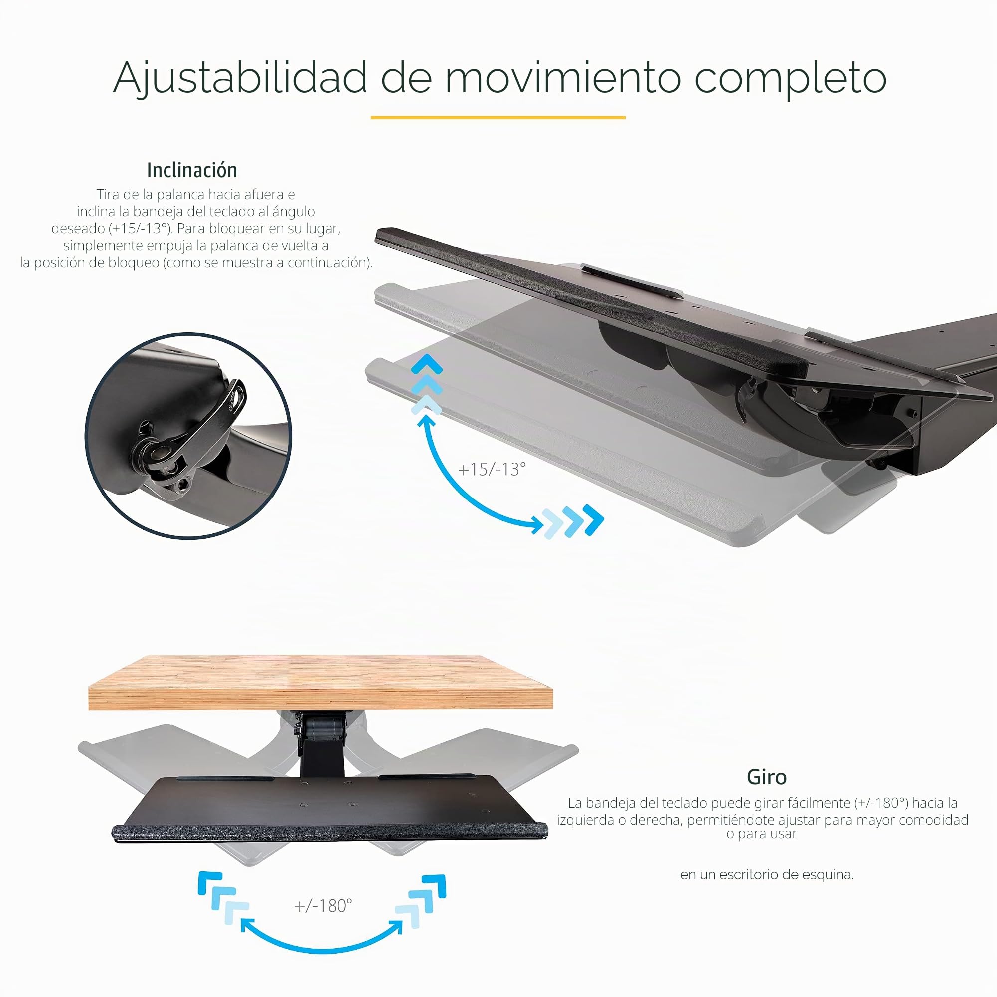 StarTech.com Bandeja para Teclado y Ratón para Debajo del Escritorio, 30cm x 78cm, Altura Ajustable, Soporte Ergonómico para Teclado y Mouse, Soporte para las Muñecas, Giro e Inclinación (KBTRAYADJ2) | Bandeja de teclado y mouse ajustable en altura y movi