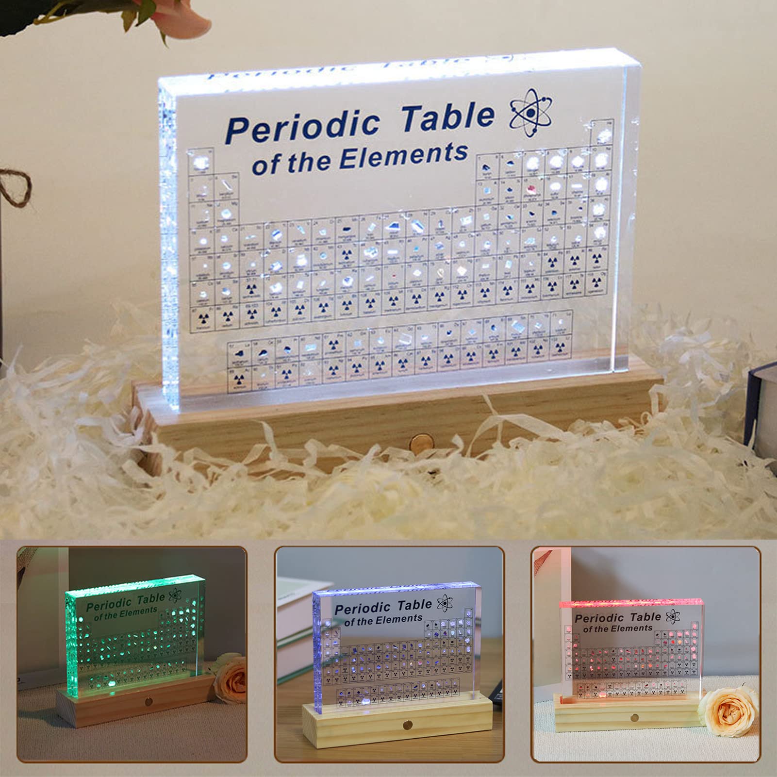 Tavola periodica con 83 elementi reali, Tavola Periodica Degli Elementi chimica acrilica con Base LED in legno senza fili, Display per Tavolo periodico,per Studenti,Insegnanti, Regali, Home Decor