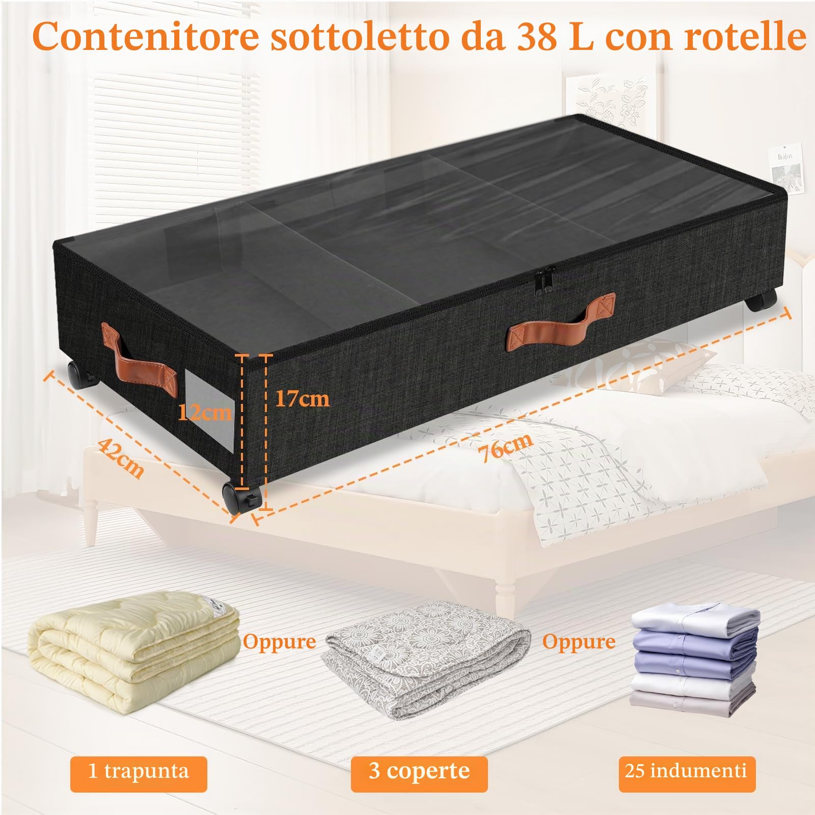 2 Pezzi Contenitori Sottoletto con Ruote, Nero 38L Grande Contenitore Sotto il Letto con Coperchio Finestra Visibile Telaio in Metallo Scatola Sotto Il Letto per Vestiti Giocattoli Coperte