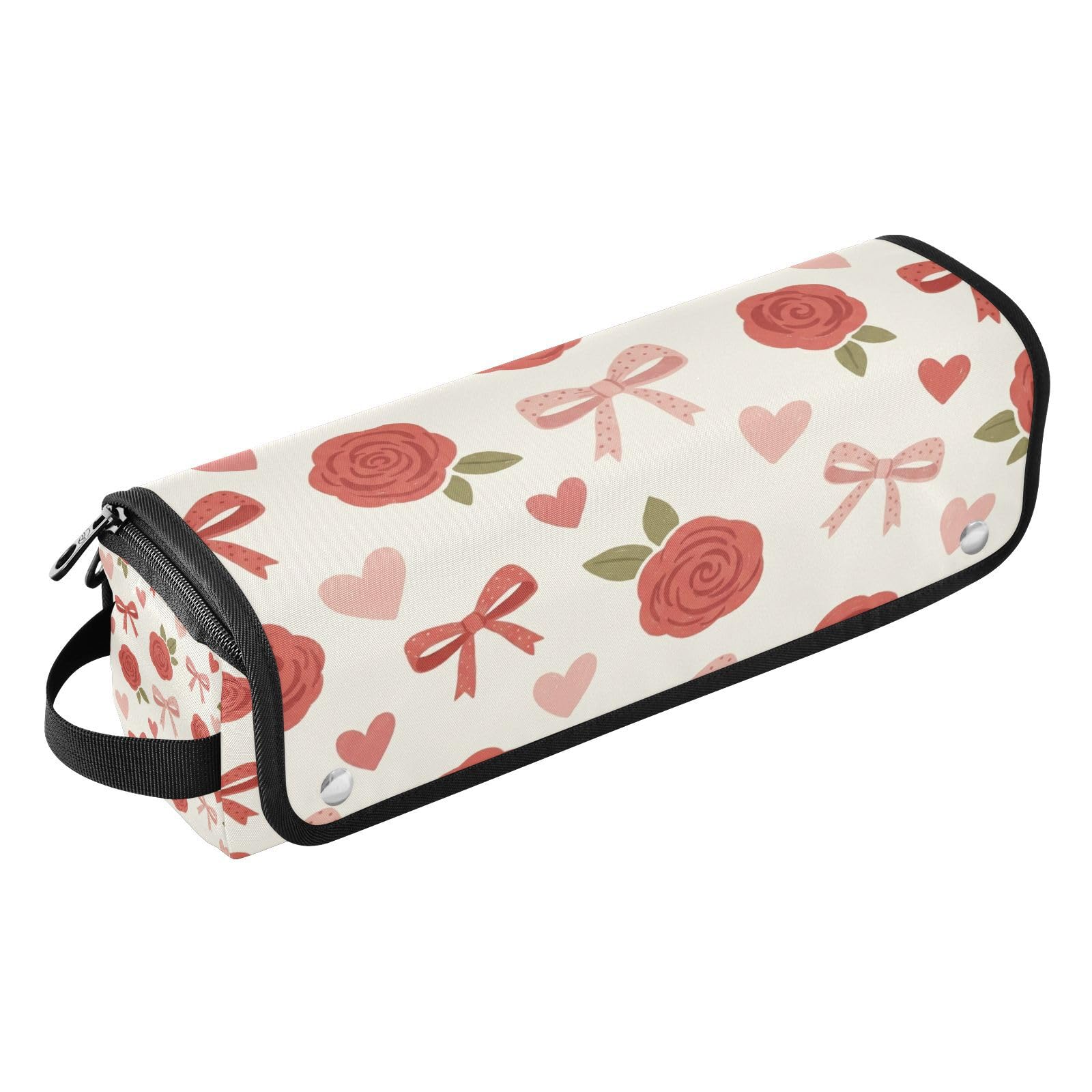 Valentines Bow Rose Hair Tools Travel Bag Portable Hair Accessory Organizer with Heat Resistant Mat 2 in 1