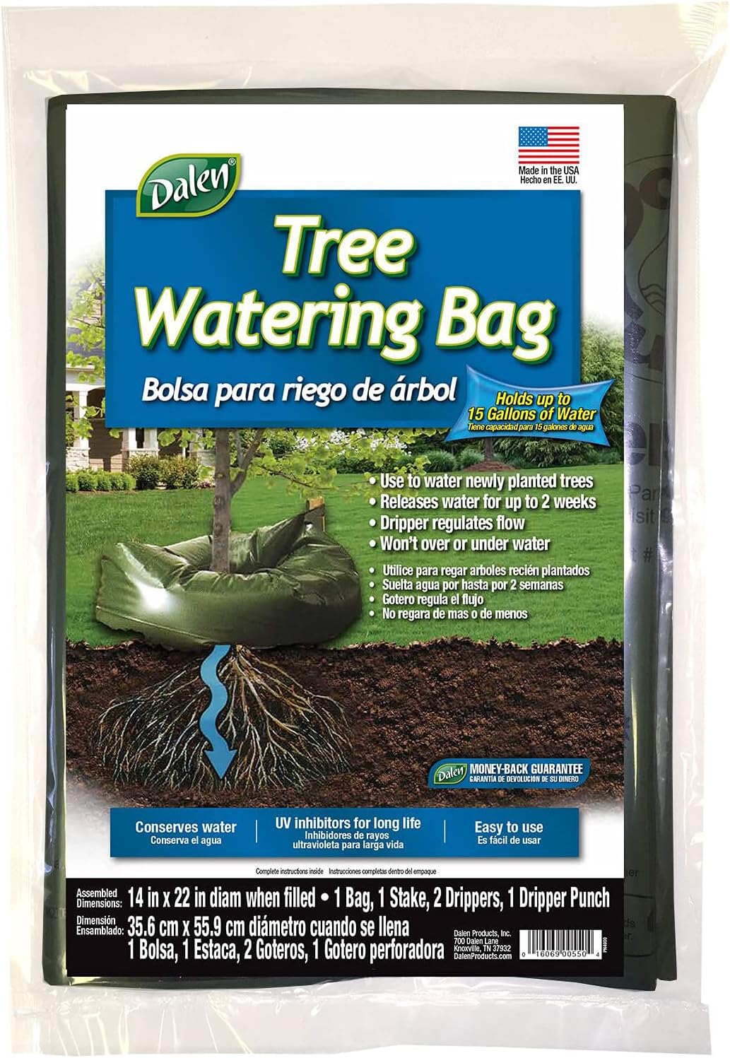 DALEN Tree Watering Bag – Prevents Transplant and Drought Shock – Release Water up to 2 Weeks – 15-Gallon Capacity – 14” High x 22” Diameter When Filled