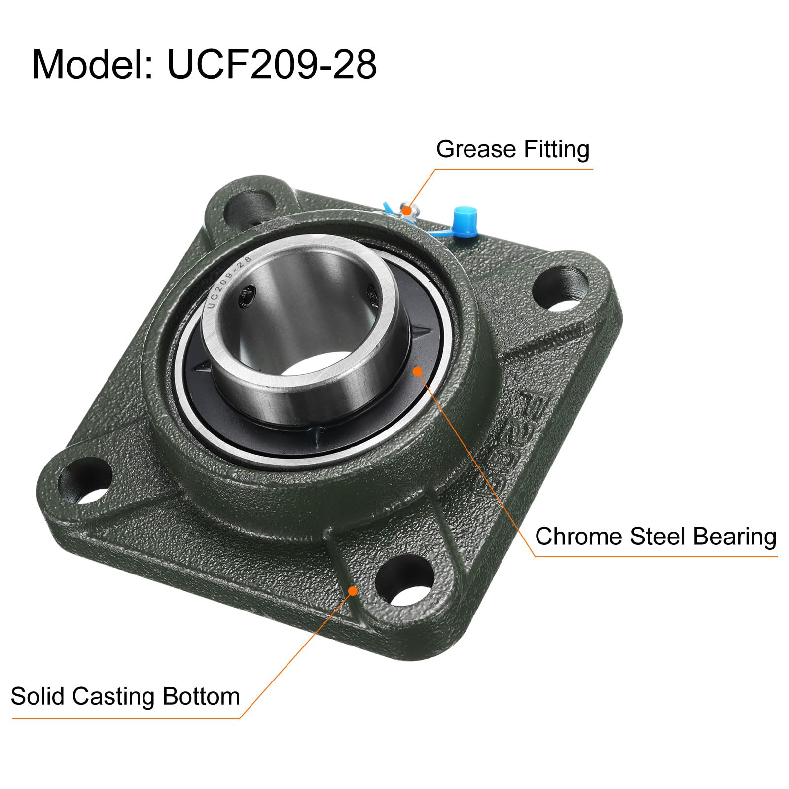 2pz UCF209-28 Cuscinetti a Blocchetto Cuscino con Foro 1 3/4 Pollici Autoallineanti, Cuscinetti Acciaio Cromato Montati Flangia Quadrata con Base Ghisa Solida