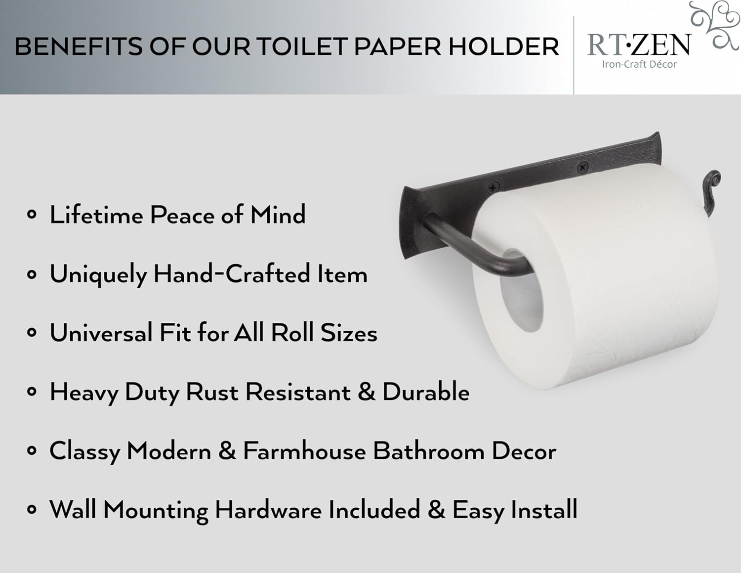 RTZEN Bathroom Toilet Paper Holder - Handcrafted Rustic Wrought Iron Wall Decor Toilet Roll Holder - Black Matte Wall Mount Bar for Modern Farmhouse Bathroom Decor