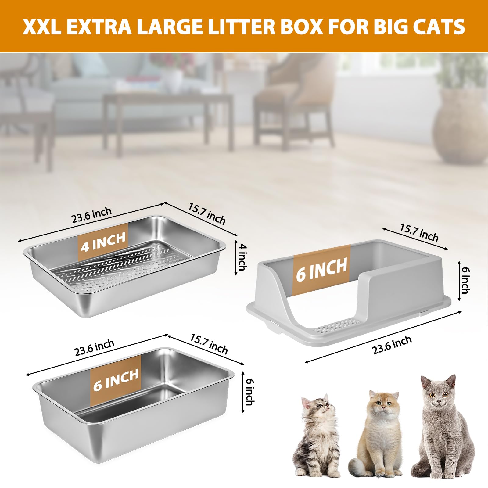 Homegroove Litière pour chat en acier inoxydable pour granulés de pin - 60 x 40 x 15 cm - Bord haut - Litière en métal avec couvercle - Pelle en plastique et 10 tampons d'urine (15,2 cm)