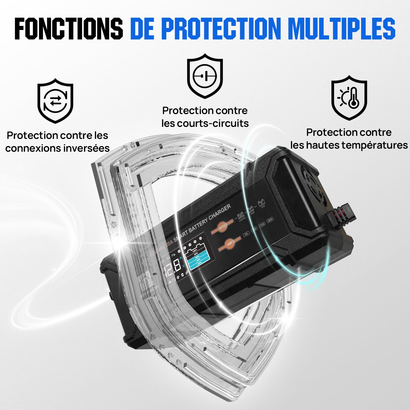 ECO-WORTHY 12V/24V 20A Chargeur de Batterie LiFePO4 avec Options Multi-Courant 5A/10A/15A/20A,détection Automatique de la Tension de la Batterie Plomb-Acide LiFePO4