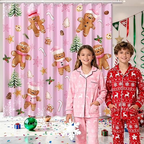 Miniatura 7 de Cortina de ducha de Navidad rosa con bastón de caramelo, juego de cortina de ducha para baño, tela lavable y duradera, 72 x 72 pulgadas