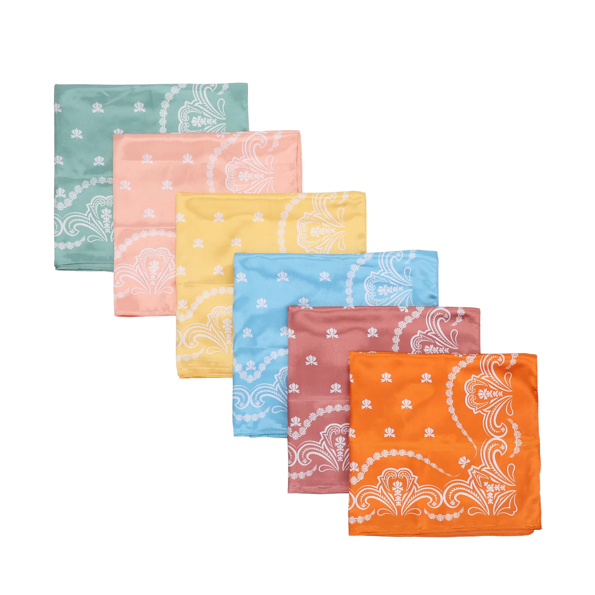 Bioworld Juego de 6 pañuelos de satén ligero con estampado de cachemira de 22 x 22 pulgadas, rosa, amarillo, verde, azul, naranja, rojo, Talla única