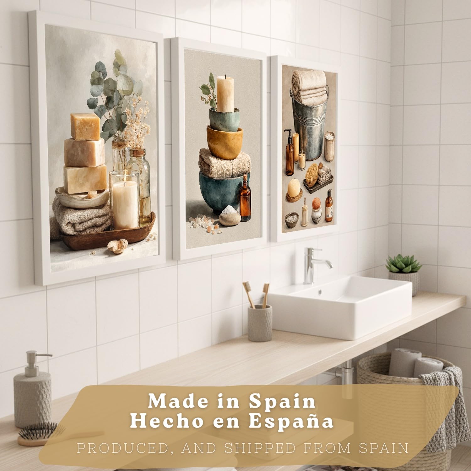 Nacnic Set Di 3 Stampe Decorative Per Bagno Poster E Quadri Da Parete Per Lavabo Doccia Wc E Toilette Con Candele Saponi E Asciugamani Stile Naturale Moderno A3 Cornice Bianca