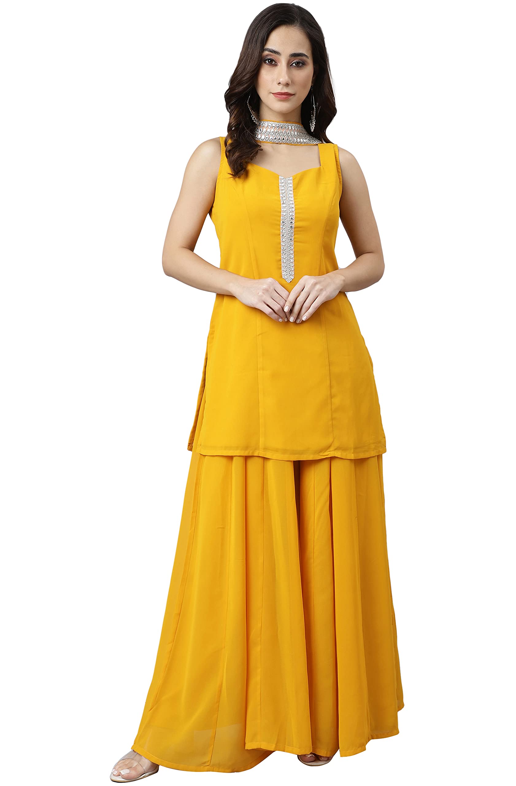 JanasyaIndian Women's Mustard Georgette Solid Kurta with Kali Palazzo and Dupatta