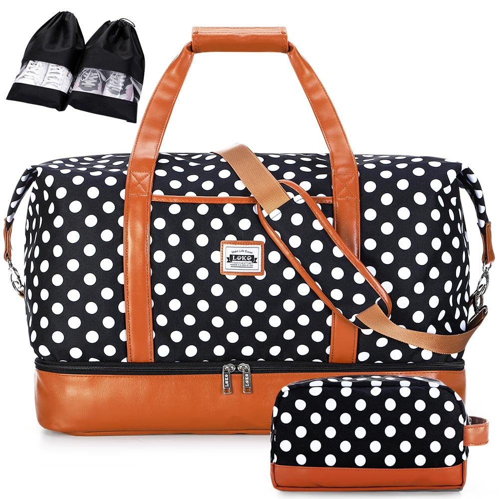 LekespringWomen's Double Layer Travel Bag Hand Luggage Leather Travel Bag Weekender with Shoe Compartment 50 L, Polka dots, 50L