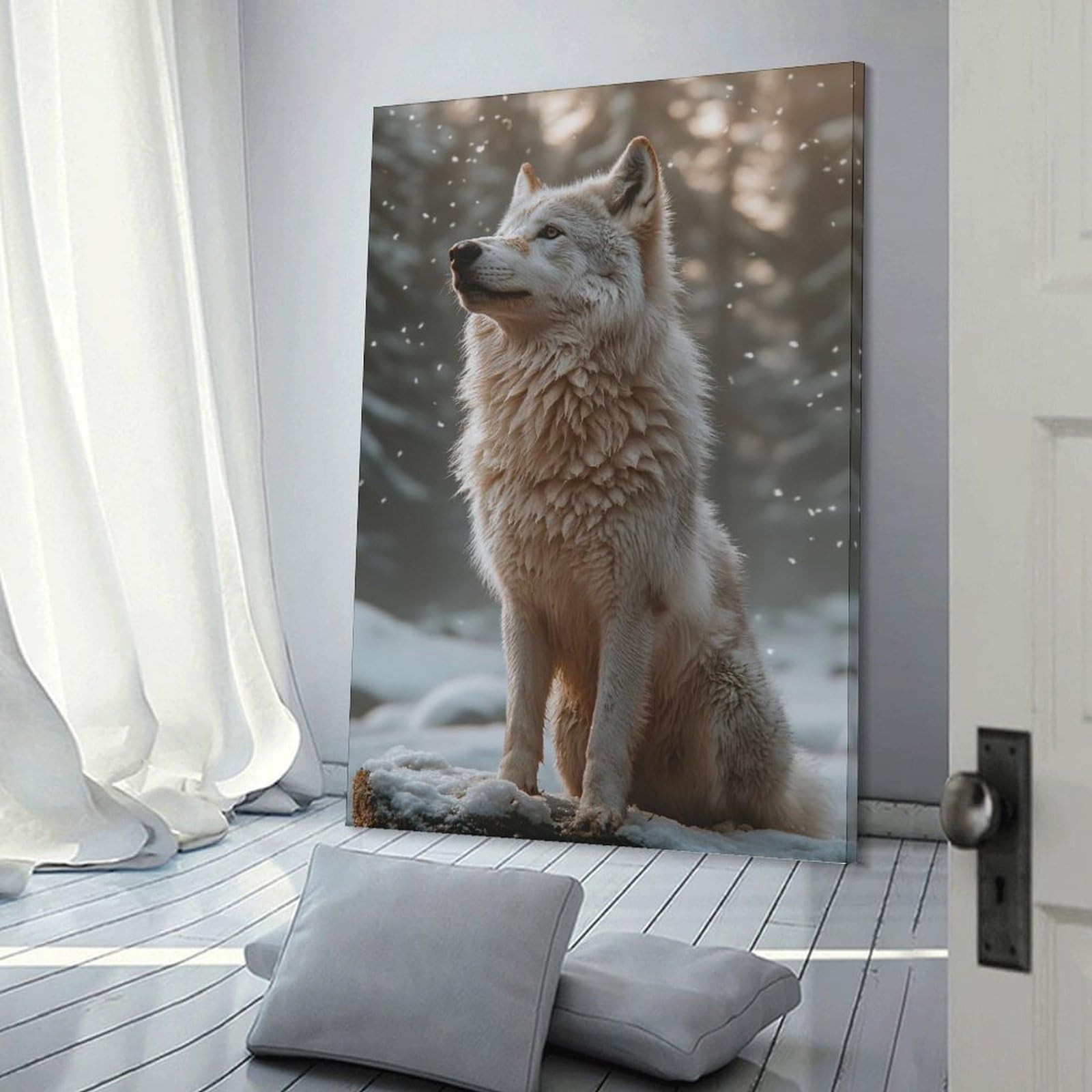 Junmoney Frame-Style-9-1 White Wolf In Winter Forest Room Decor Wall Art, 20X30inch(50X75cm), For Home Office, Desk Area Or Studio, An Interior Accent For Desk Areas