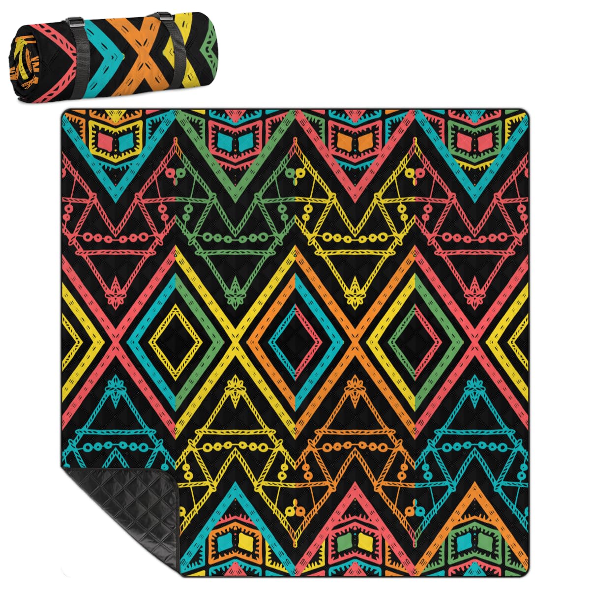 Shimoshe Extra Large Picnic Blankets 79”x 79”, Colorful Aztec Geometric Pattern Waterproof Foldable Picnic Mat with Straps Portable Beach Blanket for Camping Park Grass Beach Indoor