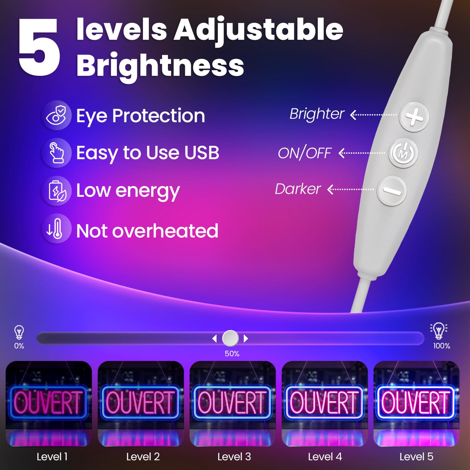 Enseigne Neon OUVERT LED lumineuse USB pour commerce porte fenêtre luminosité réglable magasin restaurant bar café