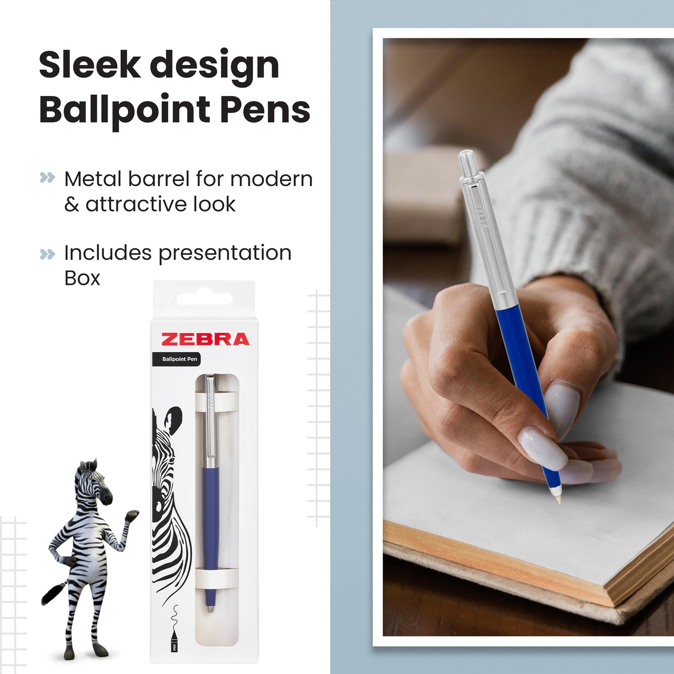 Zebra Pen 901 Blue Ballpoint Pens, Sleek & Stylish Biro Pen, Retractable & Reliable, Black Ink - Image 4