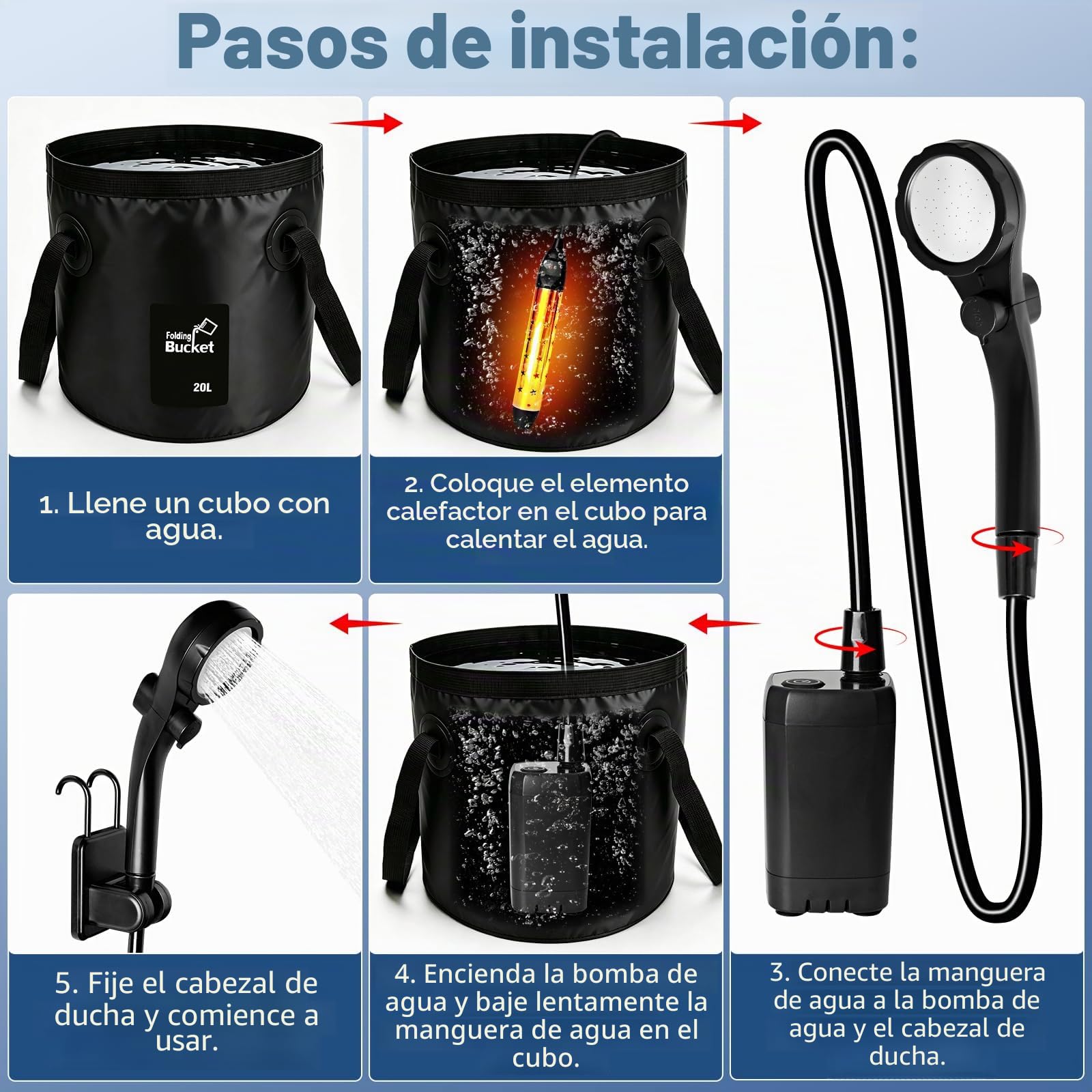 Ducha portátil de camping con bomba, 6000 mAh, ducha de camping con función de calefacción y cubo plegable de 20 l, batería de ducha de camping con indicador de temperatura para viajes al