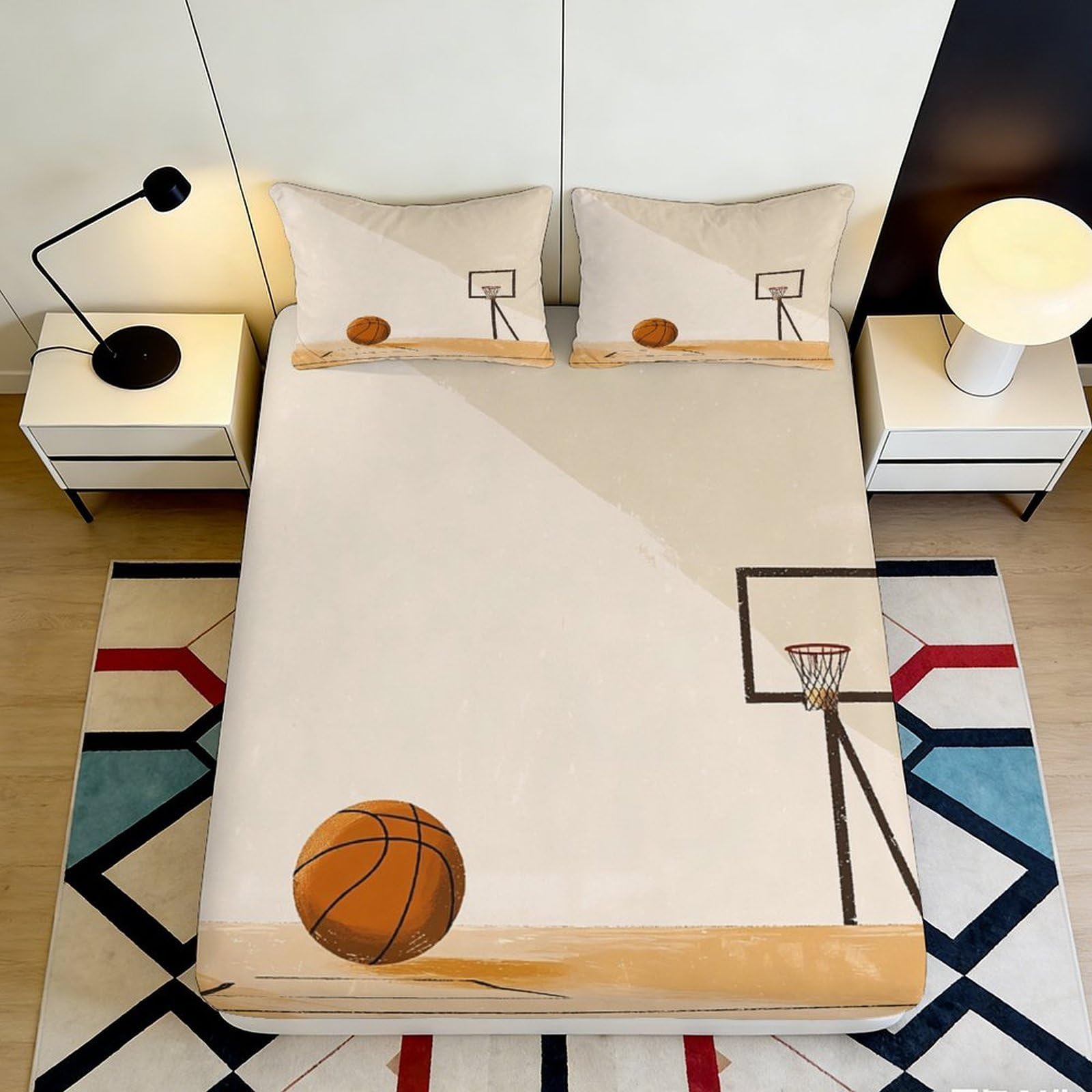 3D Printed Basketball Pattern Fitted Sheet Microfiber Soft Breathable Court Design Mattress Cover for Bedroom Dormitory Guest Room Protection 180x200x25cm