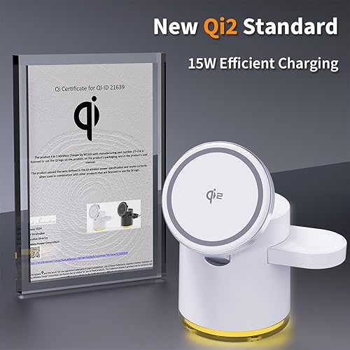 Miniatura 6 de Estación de carga inalámbrica 3 en 1, cargador inalámbrico magnético de 15 W con certificación Qi2 con luz nocturna, para iPhone 12-17 Series, Apple