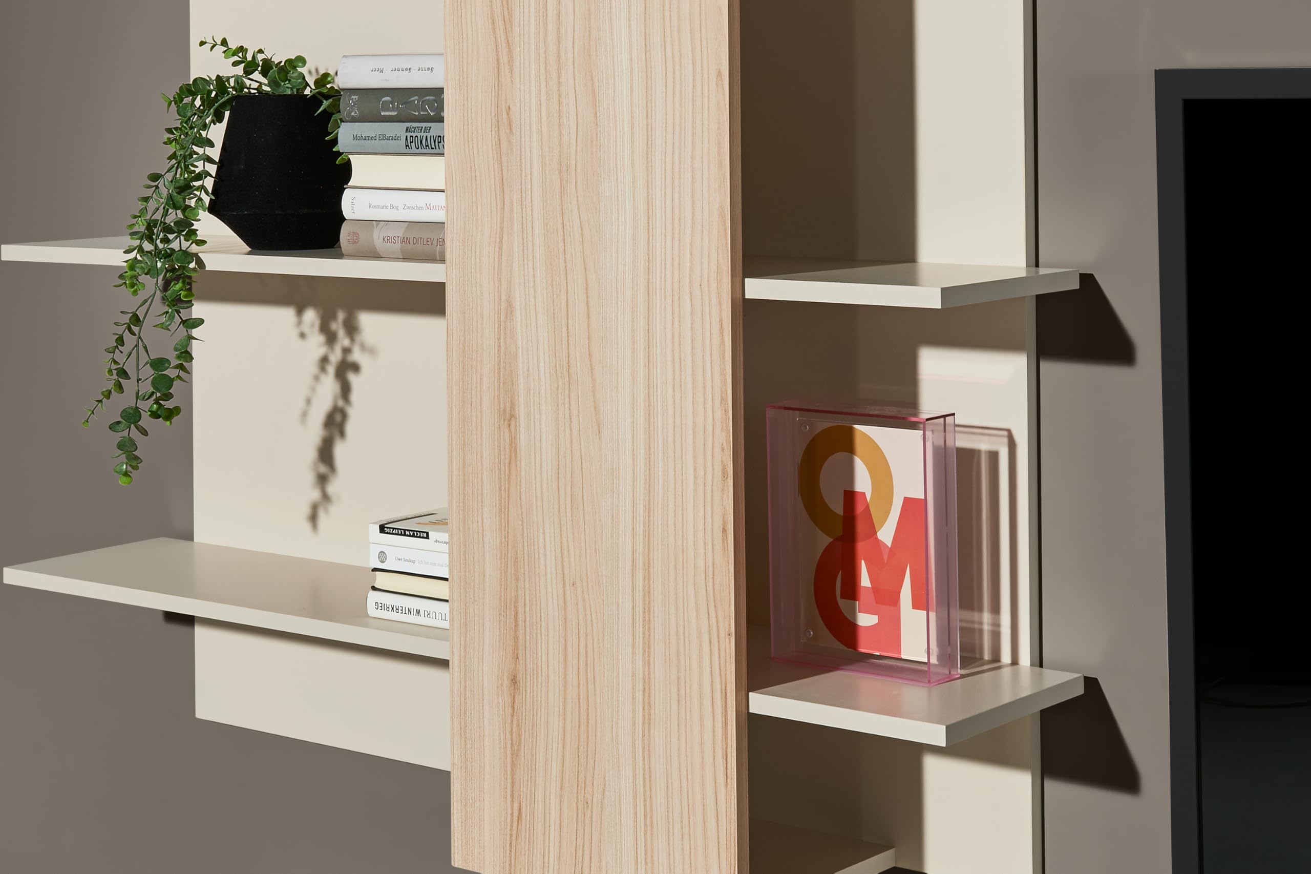 AVANTI TRENDSTORE - Ciampino - Parete da soggiorno in laminato cashmere/riva oak, composta da un mobile Tv, scaffale a parete e illuminazione a LED. Dimensioni ca. LAP 238x202x40 cm