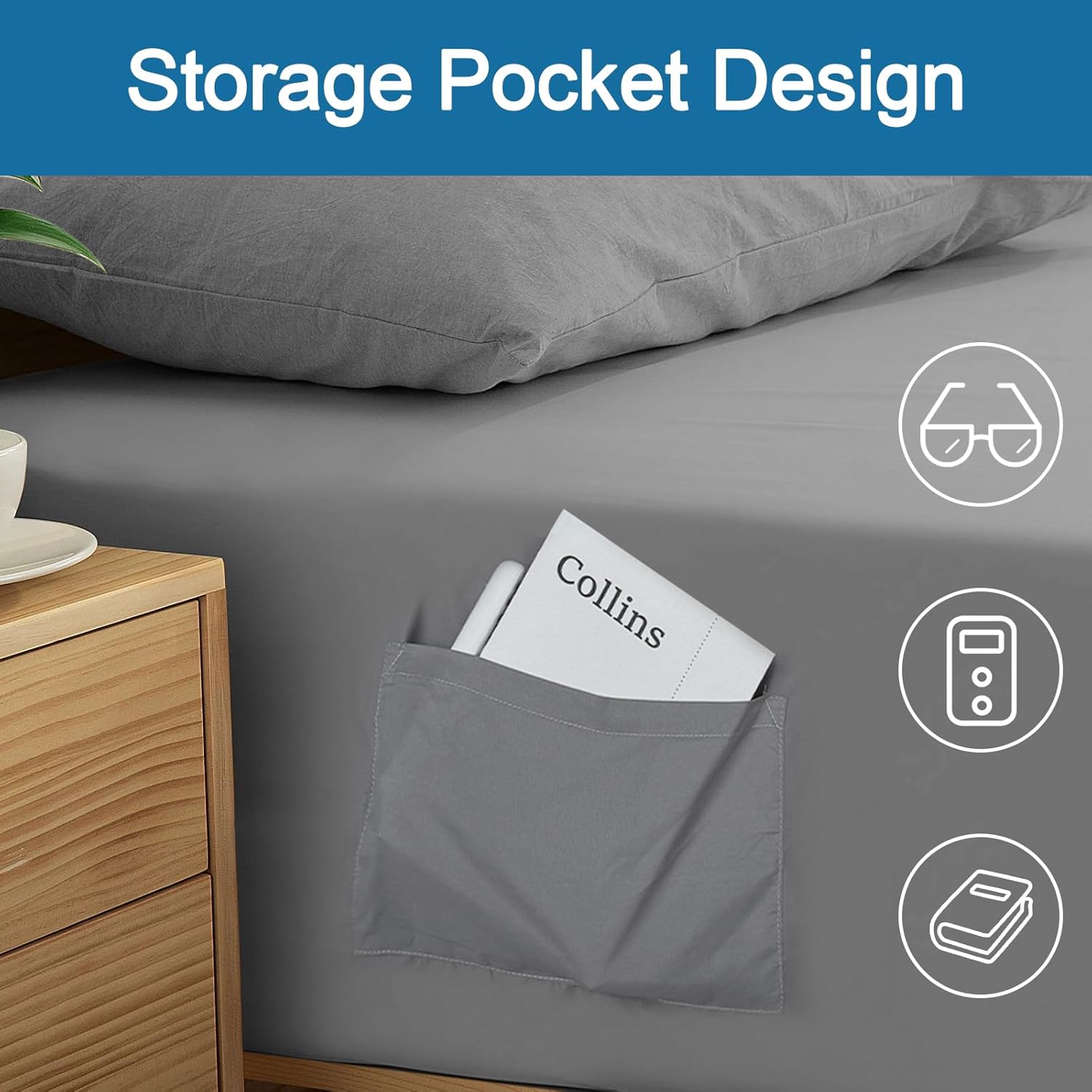 SPRINGSPIRIT Deep Pocket Sheets Queen Sheet Sets for Air Mattress with Pocket on Side, 4 Piece Sheet Set Queen Size Extra Deep Pocket up to 24’’, Grey