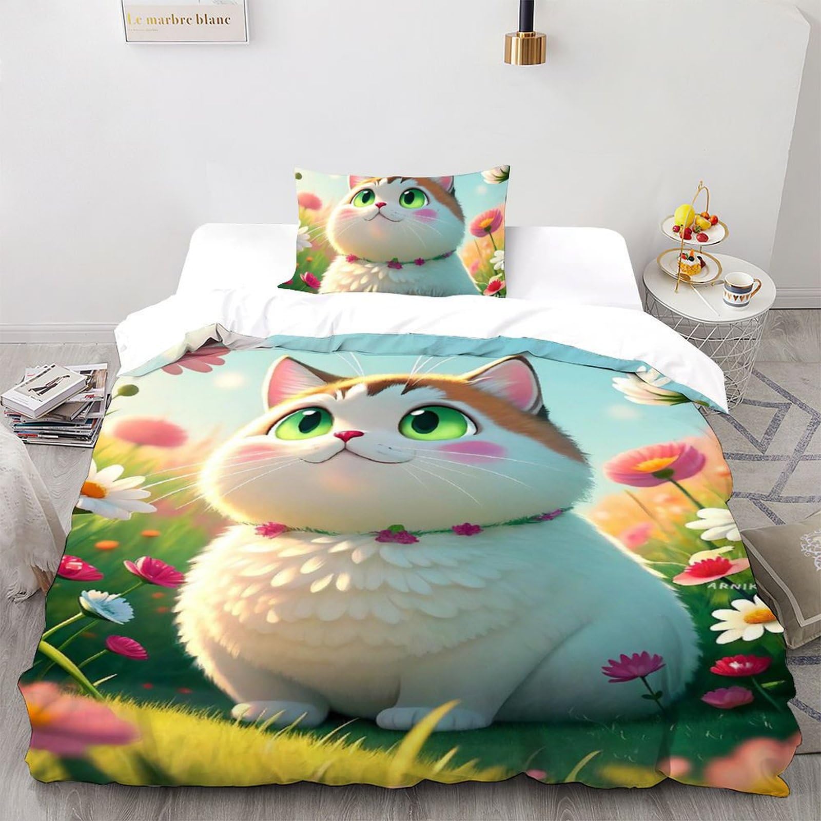 Lit enfant animé housse de couette chat single en microfibre