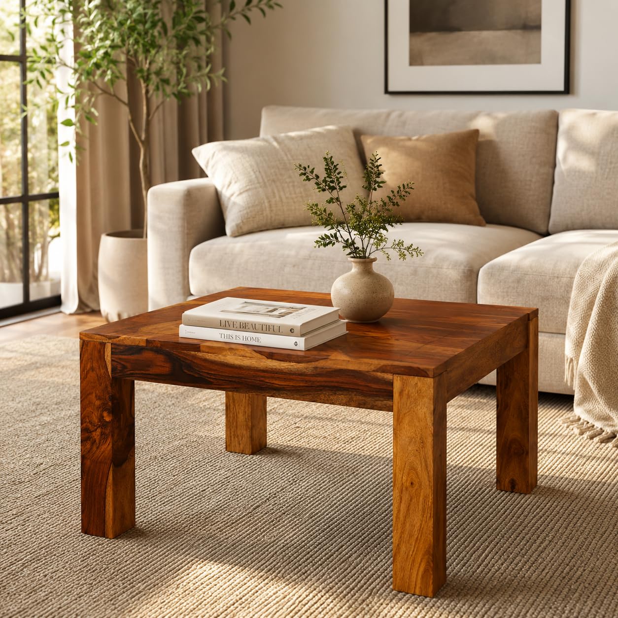 PC WOOD FURNITURE Sheesham Wood Coffee Table Multipurpose Sofa Table Wooden Centre Table for Living Room Home and Office (Wooden Finish)-image-39