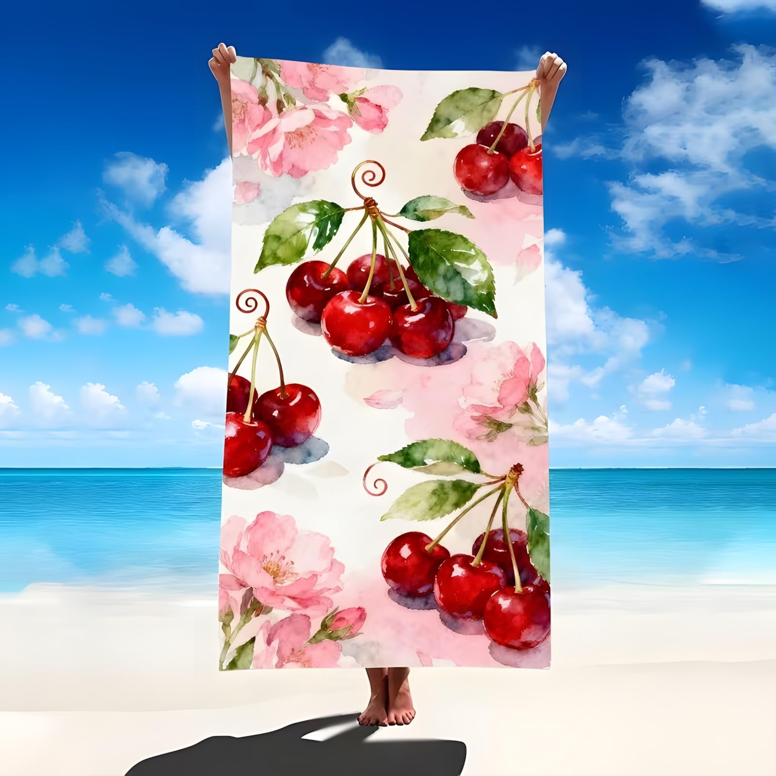 YZQGLHP Cherry Microfibre Beach Towel Fruit Beach Bath Towel Quick Drying, Lightweight, Sand-Free, Durable, for Pool, Gym, Camping, Travel Towel 70x130cm